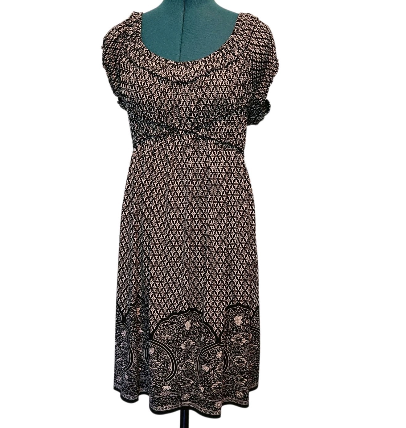 Max Edition Midi Dress Black White Floral Stretchy Women’s Size Medium