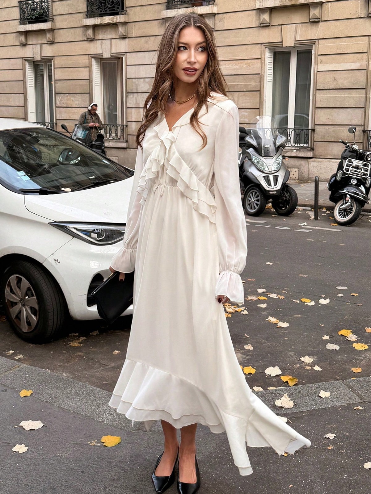 Elegant Ladies Long V Neck Chiffon Dress