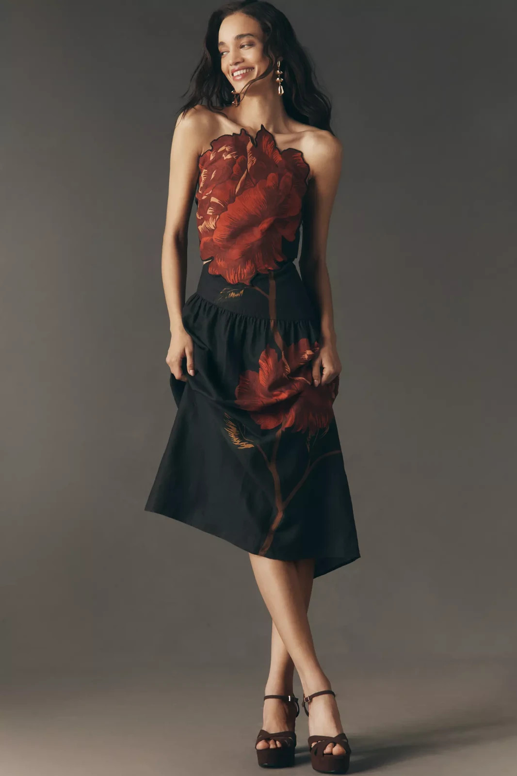 New Anthropologie Farm Rio Rosalia Linen Blend Strapless Midi Dress Black L NWT