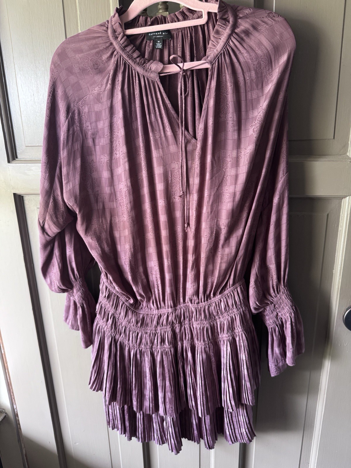 Current Air Tie-neck Pleated Mini Dress Mauve Size S Full Length Sleeves