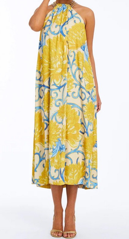 MESTIZA NEW YORK BIJOU HALTER A-LINE MIDI DRESS FLORAL YELLOW MULTICOLOR SIZE M