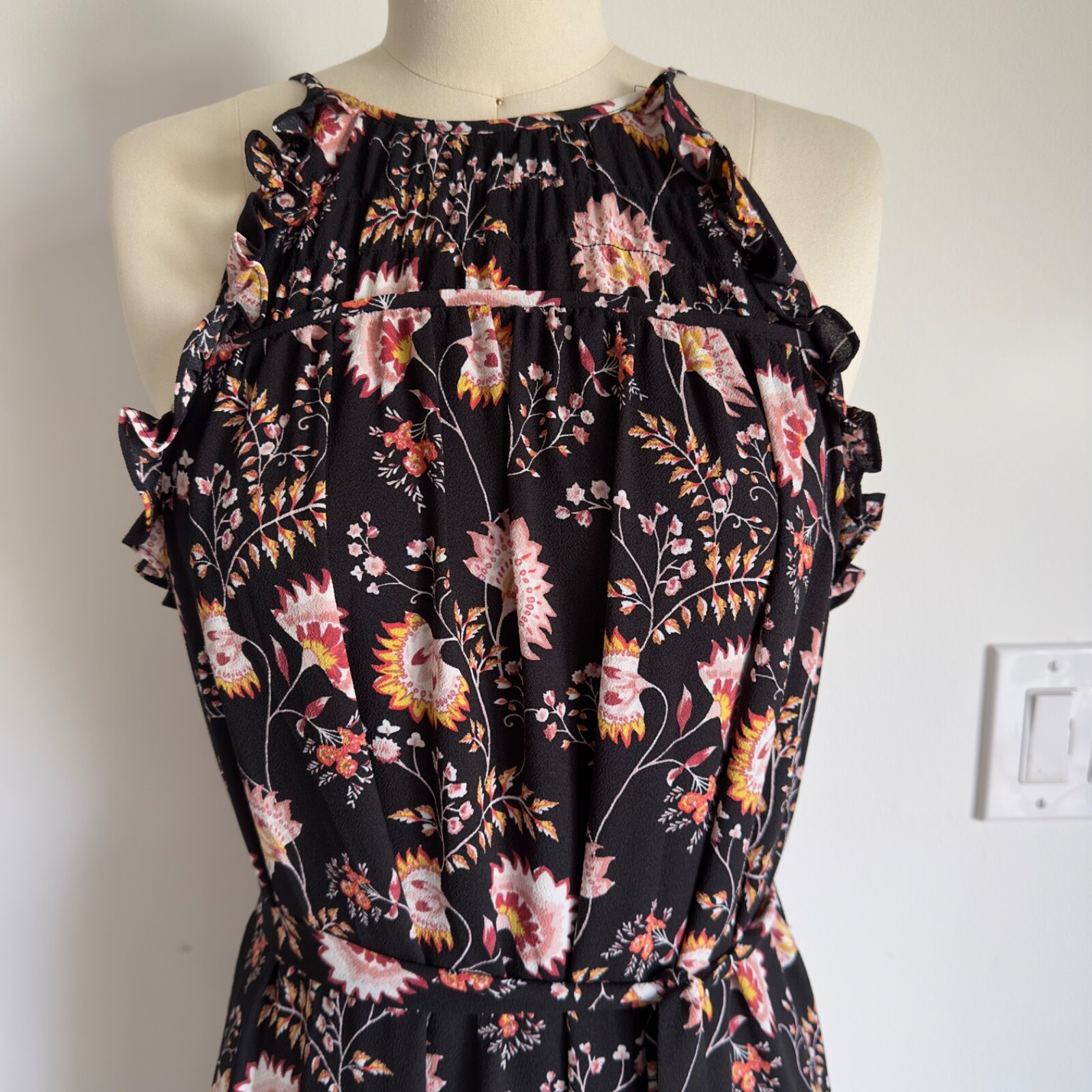 1. STATE High Neck Floral Sleeveless Ruffle Maxi Dress-Size Small-Black Floral