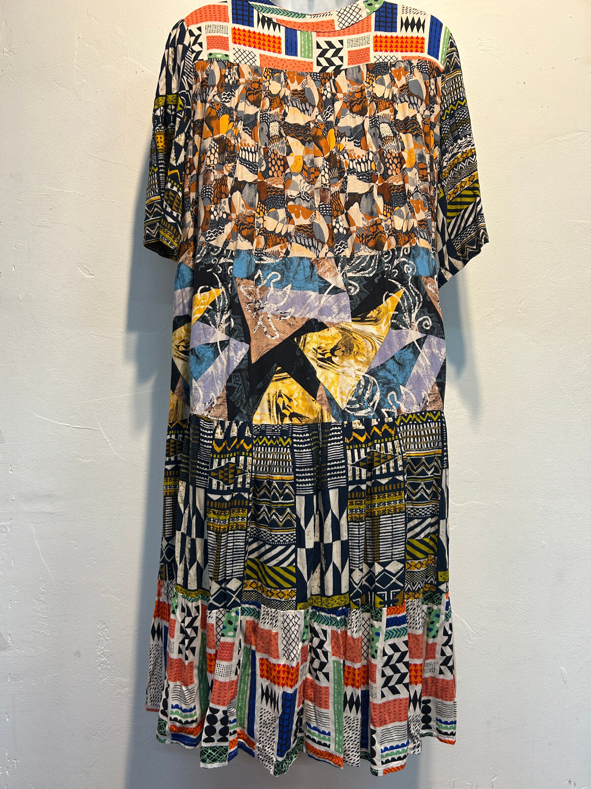 Nwt SACRED THREADS abstract bohemian funky hippie rayon tier DRESS XL Free shipp