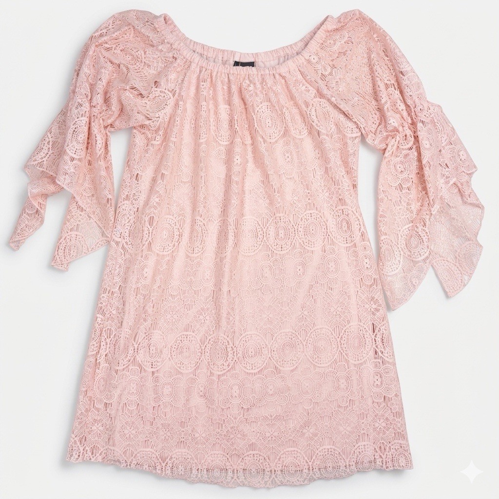 Mini Dress Crochet Lace Bell Sleeve Flowy Boho Coquette Fairy Peach Pink M