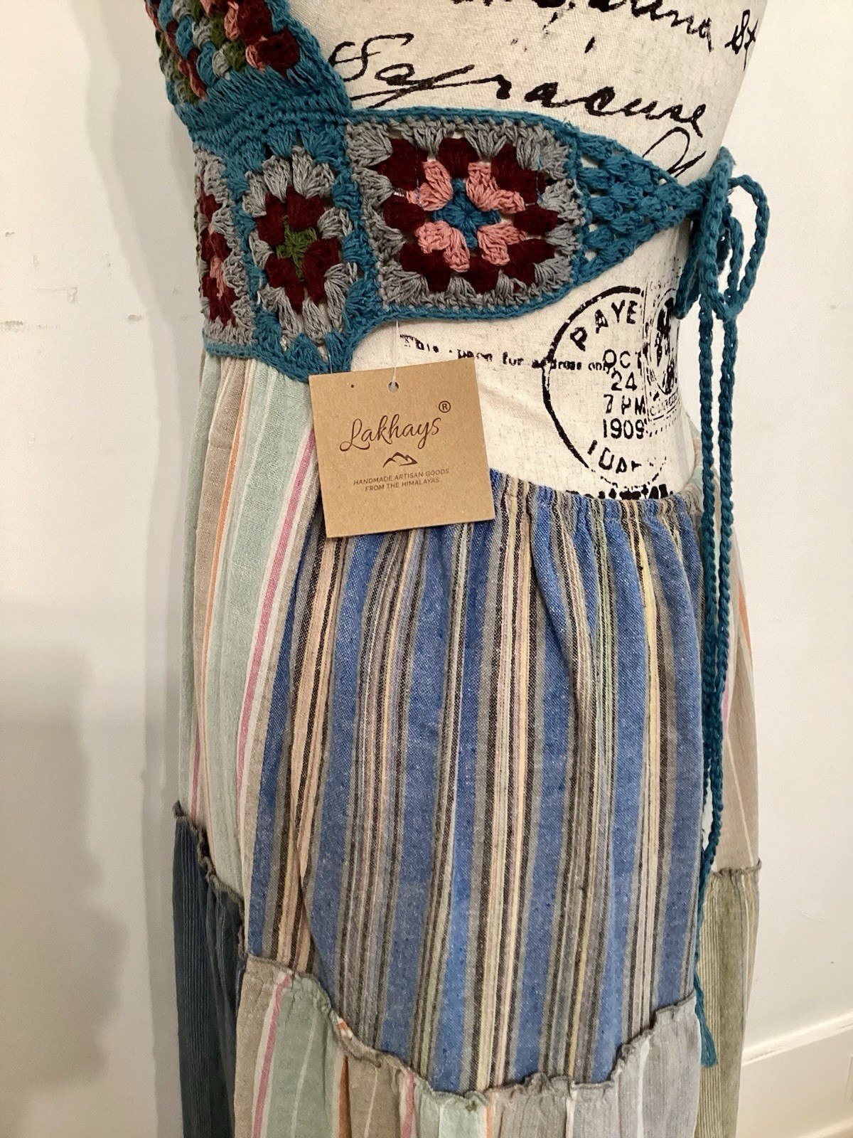 Artisan Boho Crochet Patchwork Maxi Dress Halter Flowy Summer M L NWT