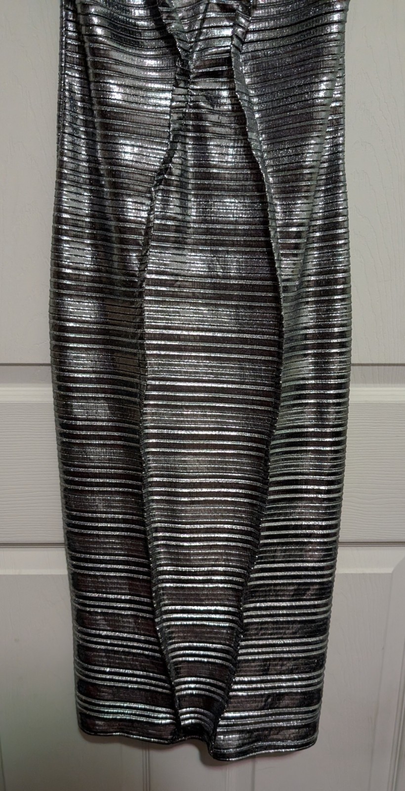 Georgia Hardinge Silver Bodycon Midi Dress UK.6 US 2 Stretchy Spaghetti Strap