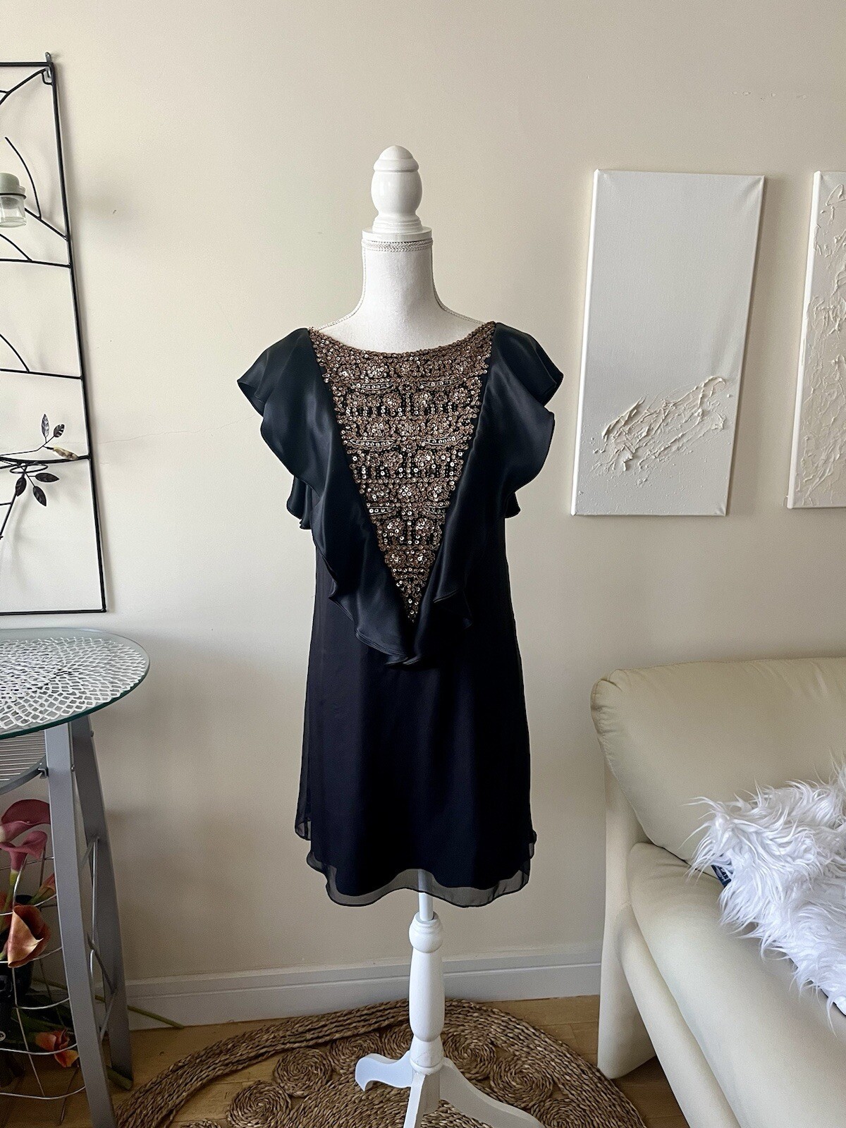 Alice + Olivia Vintage Black Silk Beaded Ruffle Mini Cocktail Dress sz Small EUC