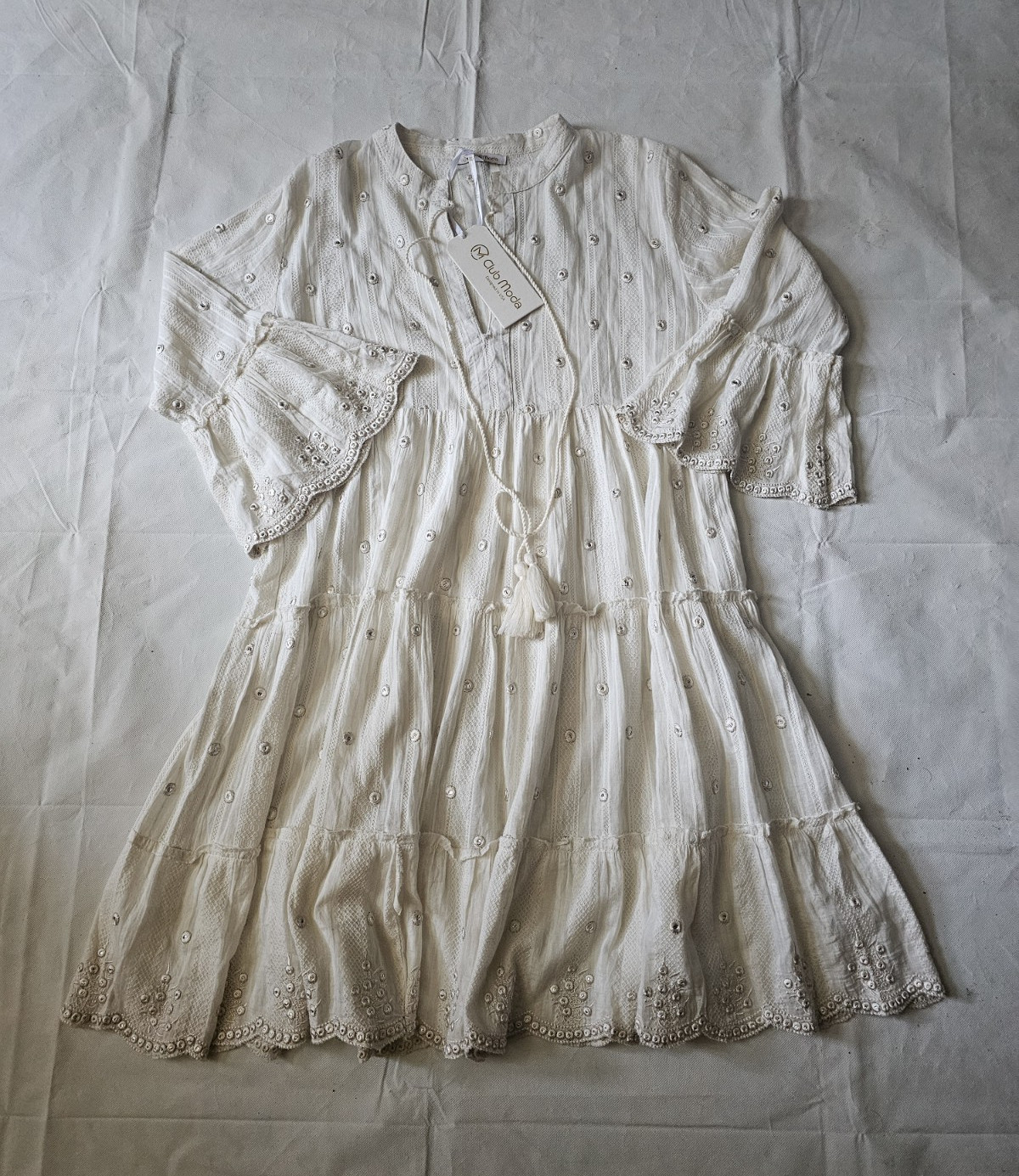Club Moda White Solid Lace Embroidered Beaded Ruffle Tie Mini Dress S