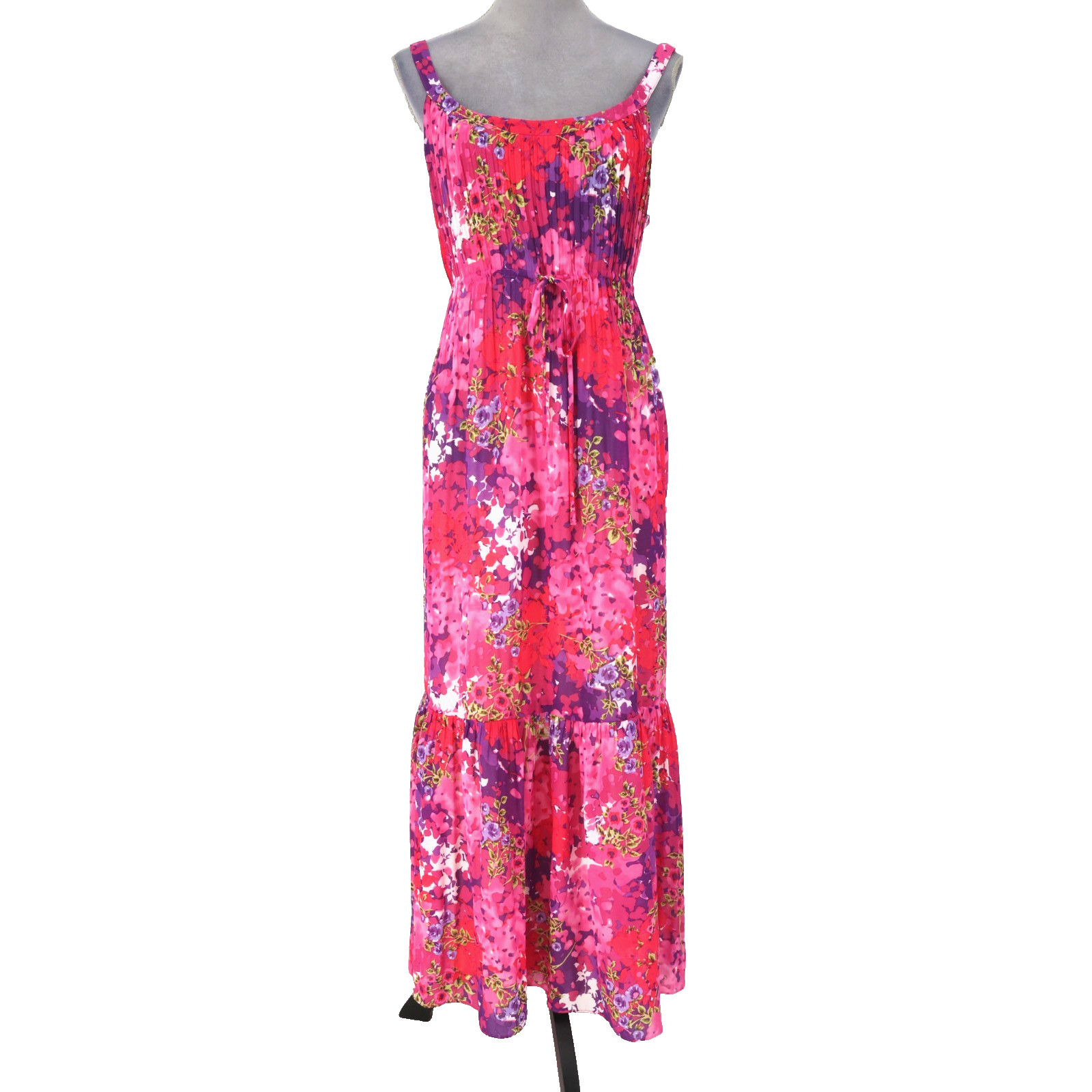 Coldwater Creek Dress Womens 16 Pink Floral Lined Pleated Tie Waist Maxi Beach