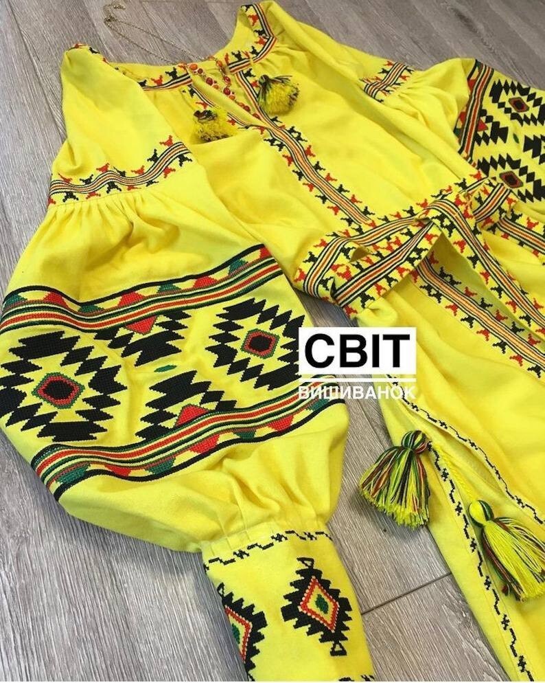 Yellow Embroidered Dress Vyshyvanka Linen, Ethnic Ukrainian Style, Free Shipping