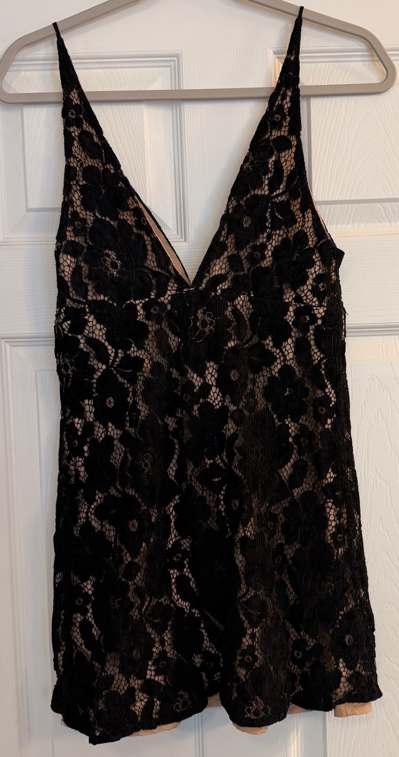 Free People Sz 2 Dangerous Love Mini Dress Black Lace WhimsiGoth Dark Fairycore