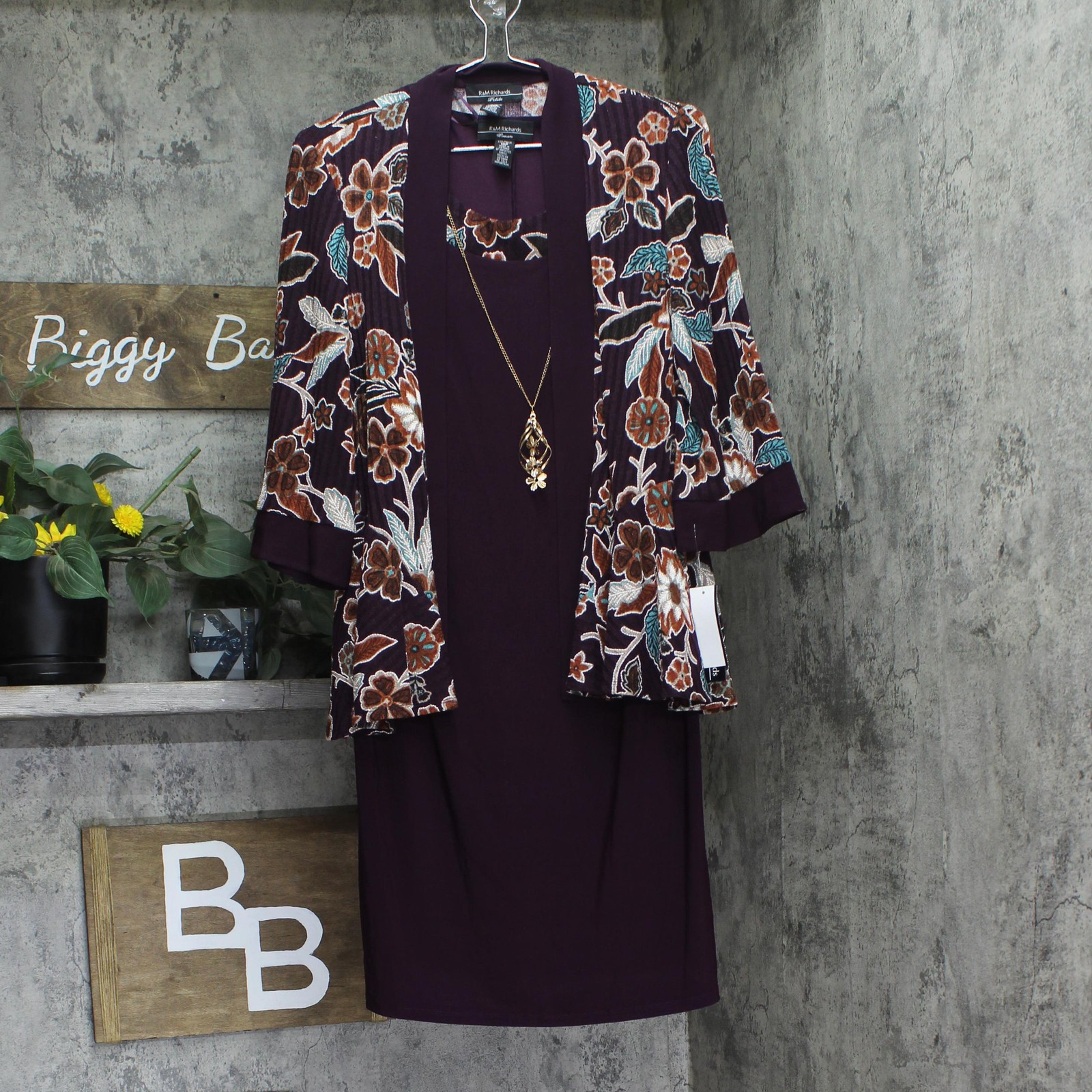R&M Richards 2-Piece Printed Jacket with Dress Necklace Eggplant Purple 10P