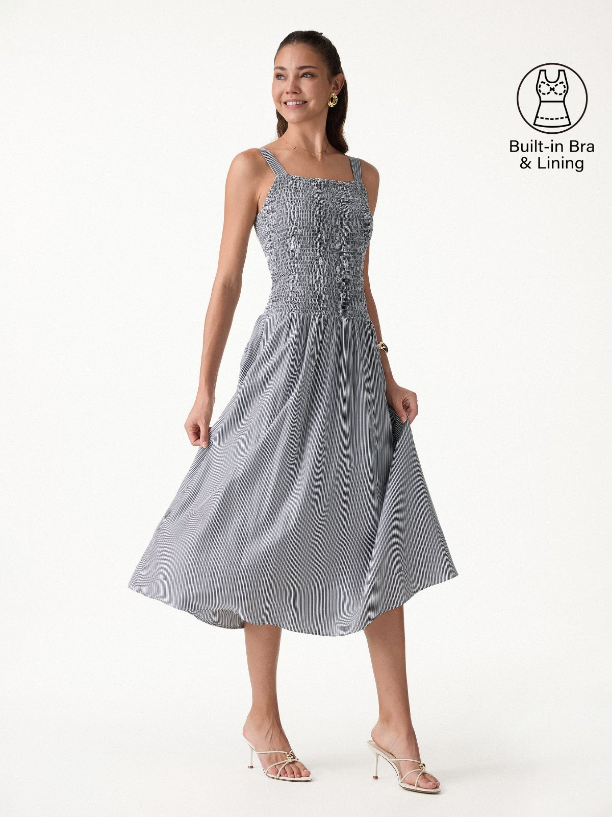 Women’s Striped Smocked Square Neck Midi Dress, Grey/White Stripe, FreeShip US