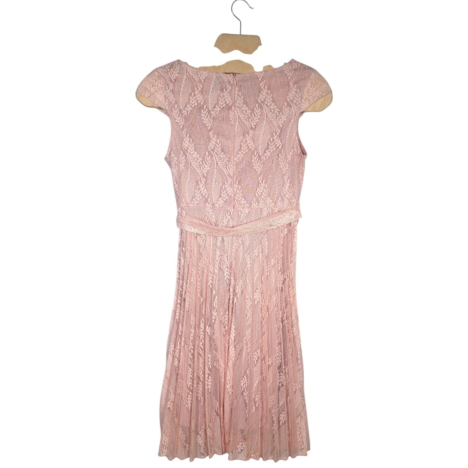 Grefit Pink Leaf Lace Pleated Cap Sleeve Midi Dress Womens Size XS 2 26-1159