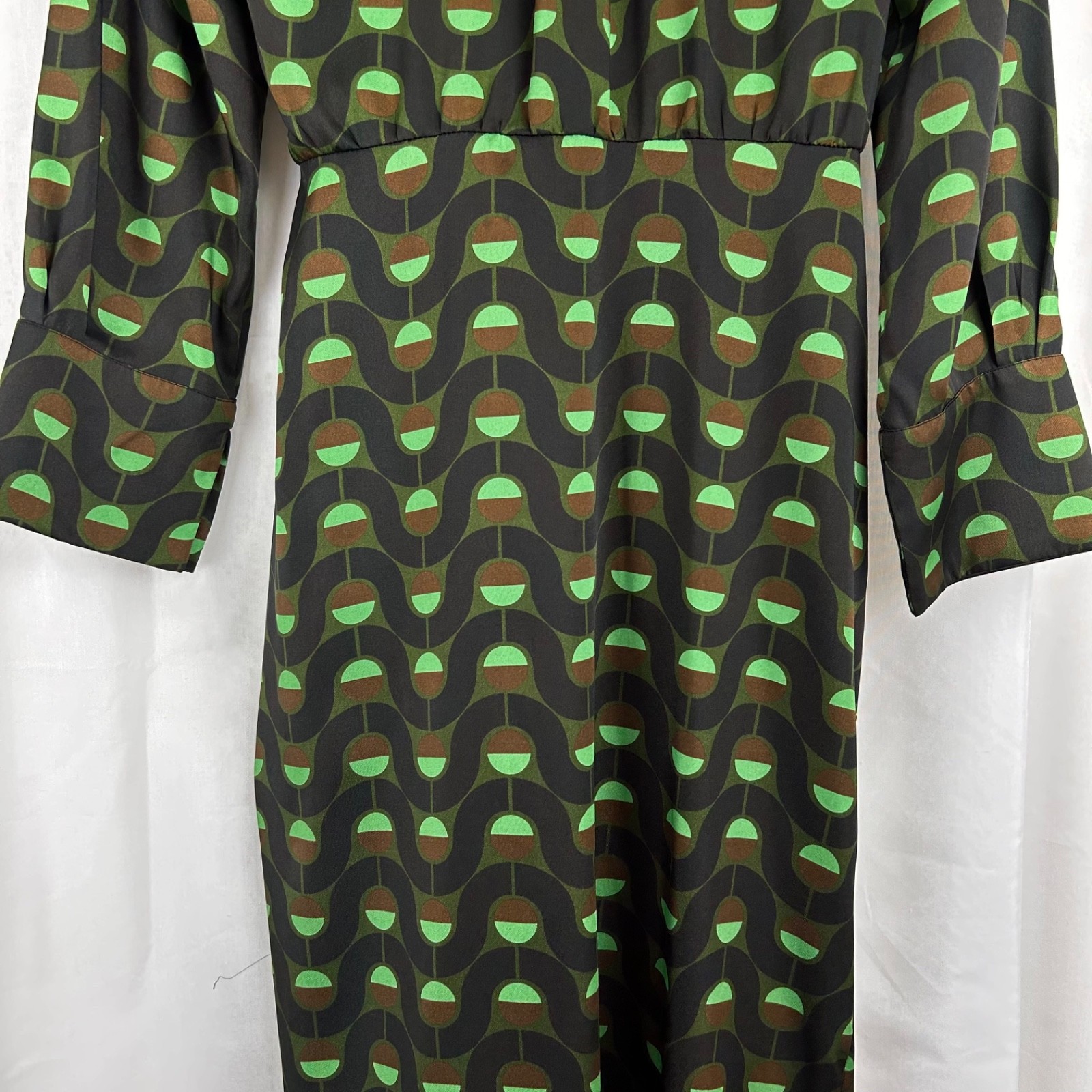 Zara Retro Mod Geometric Print Point Collar Wrap Midi Dress Green/Black/Brown L