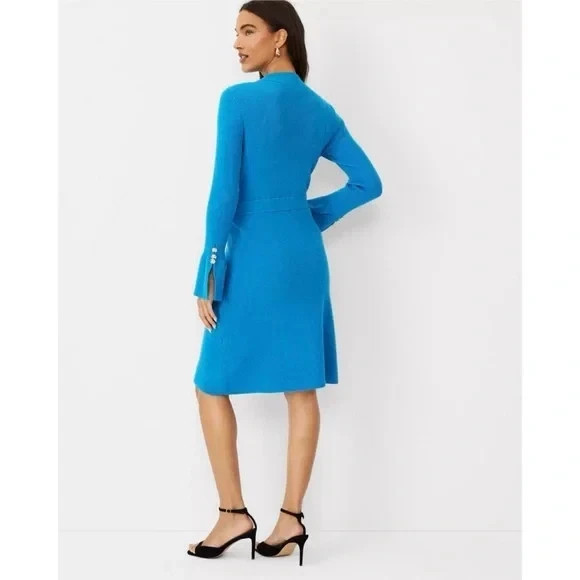 NWT $179 Ann Taylor Ribbed Button Cuff Sweater Dress blue sz M