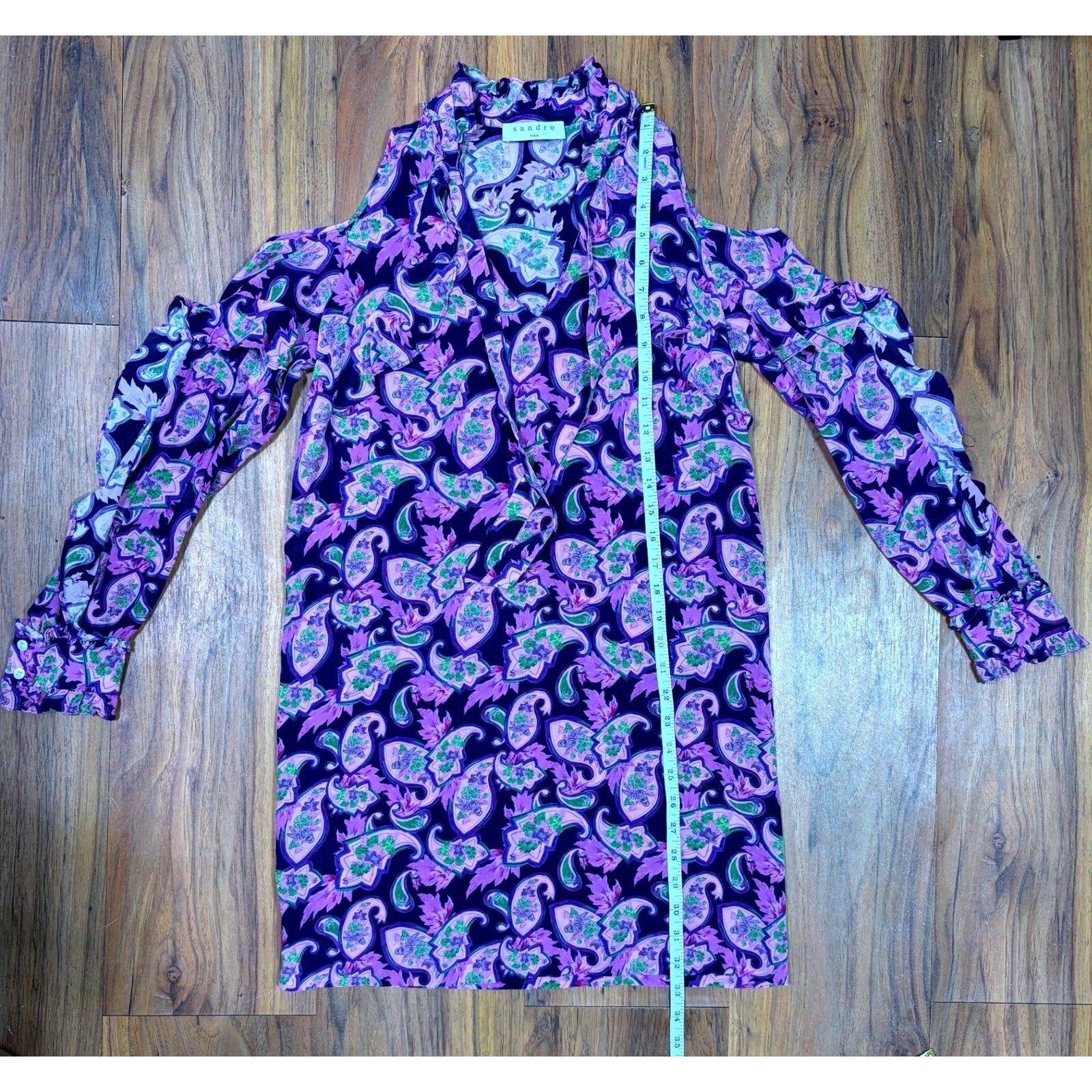 Sandro Silk Paisley Cold Shoulder Mini Dress Purple Green Ruffle Boho Shift