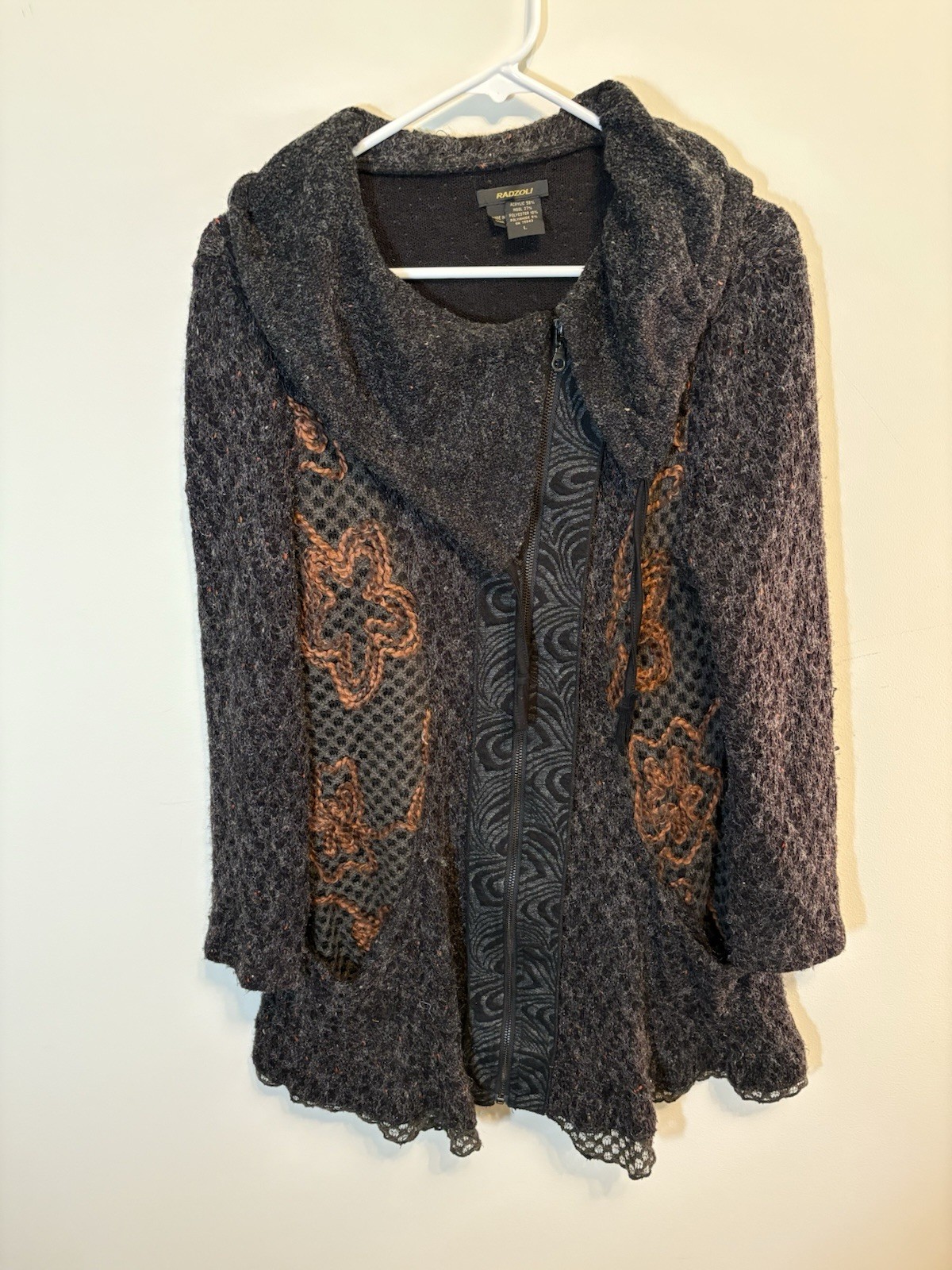 Radzoli Women Cardigan Sweater L Artsy Lace Hem Western Witchy W /WO Belt