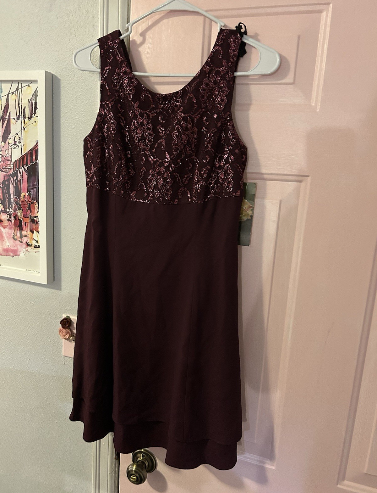 CDC Petites 8 Purple Metallic Floral Lace Sheath Dress Sleeveless Scoop Zip