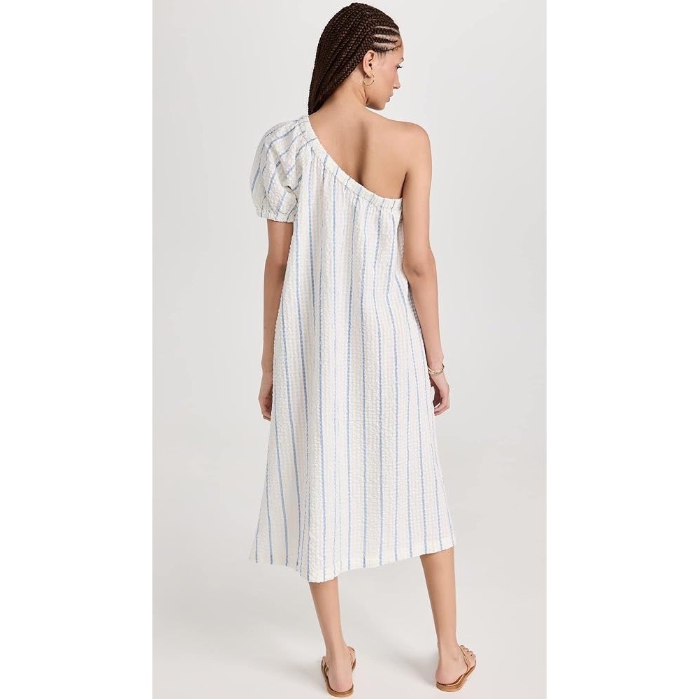 Madewell One Shoulder Seersucker Midi Dress Blue White Striped Pockets NM263