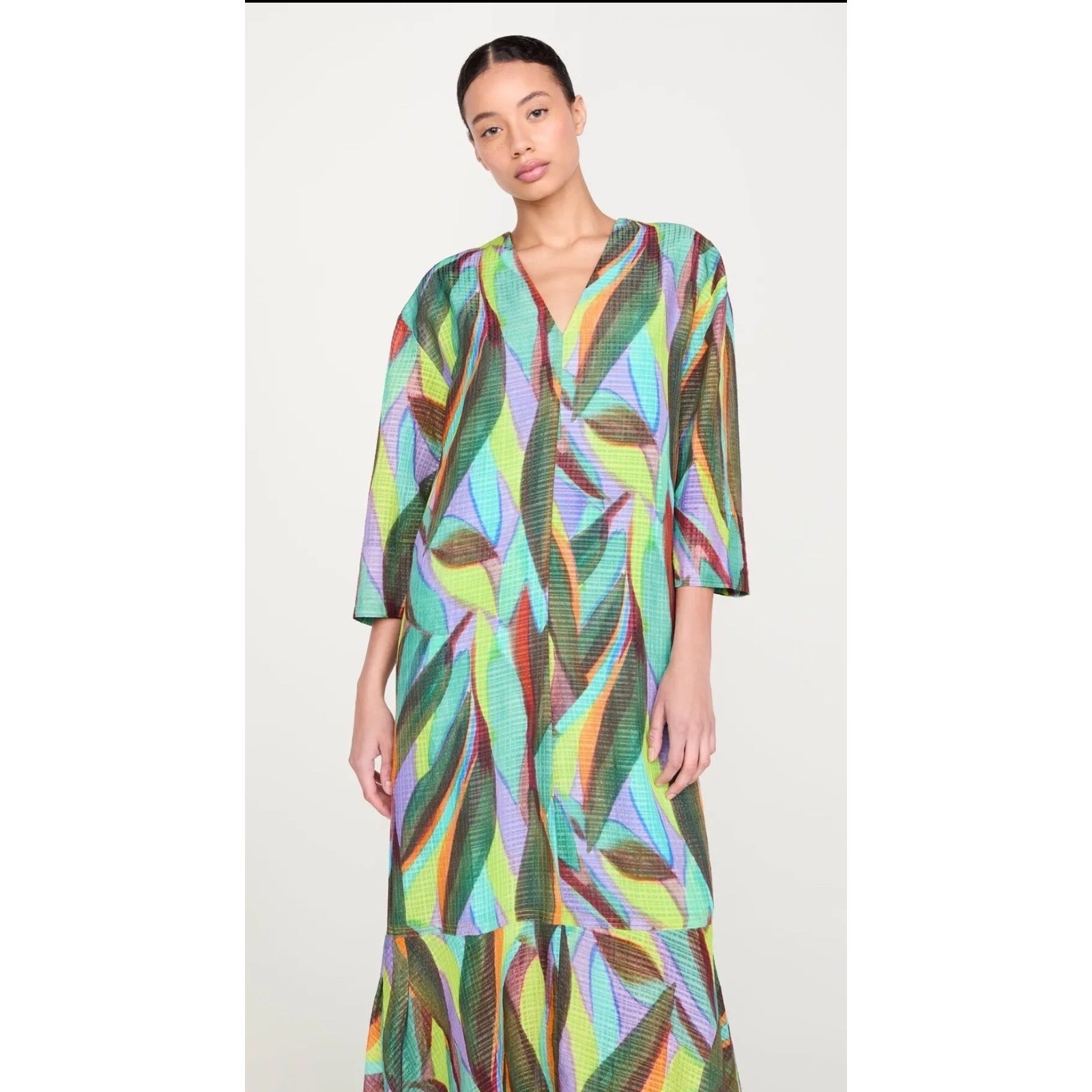 Marie Oliver Marlee Caftan Multi Abstract Leaf Maxi Dress V-Neck XL