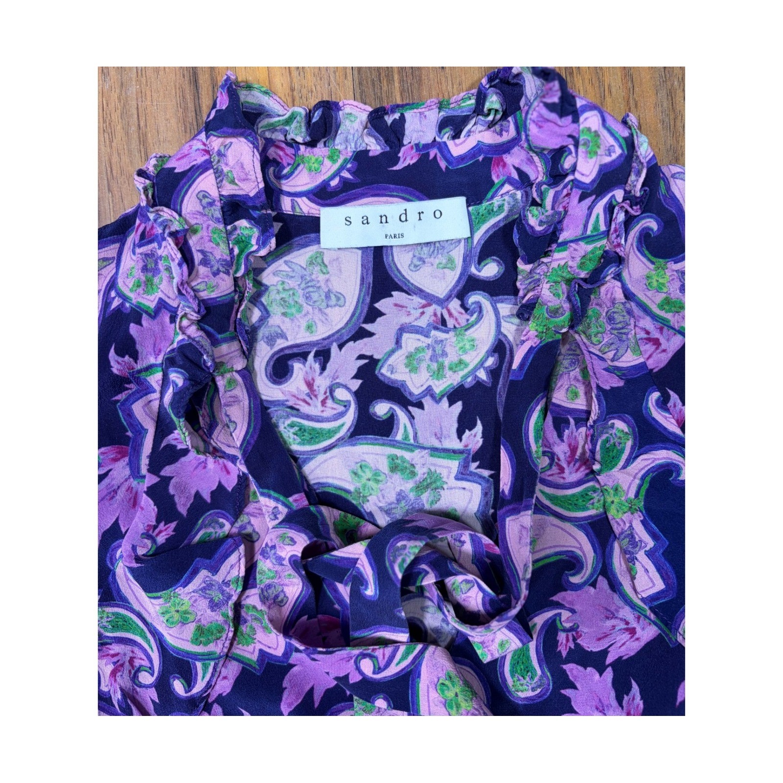 Sandro Silk Paisley Cold Shoulder Mini Dress Purple Green Ruffle Boho Shift