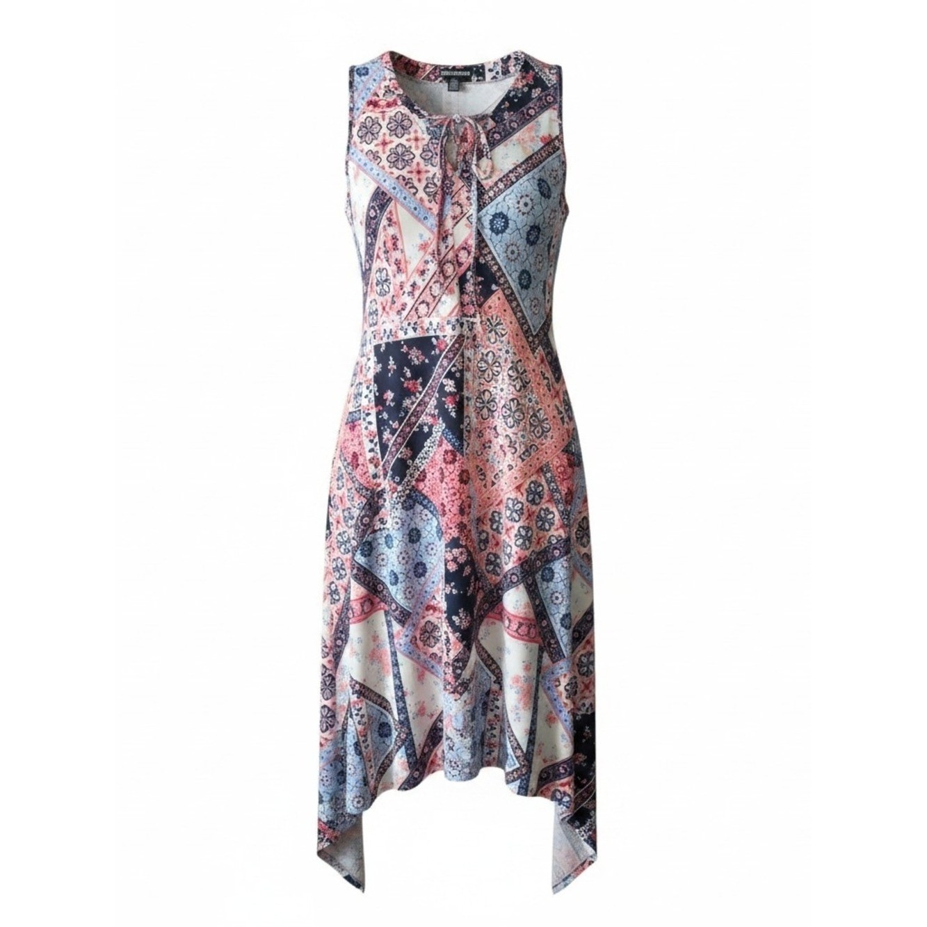 NINA LEONARD | Patchwork Bandana Handkerchief Hem Stretchy Tie Neck Dress | XL