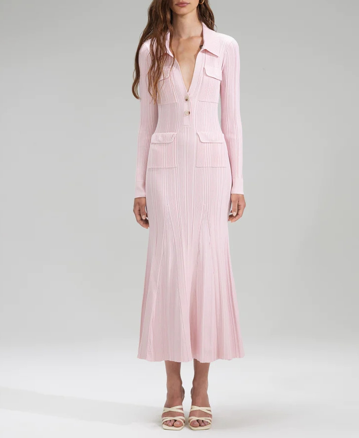 Self-Portrait Pink Viscose Knit Midi Dress V Neck Mermaid Dress for Women
