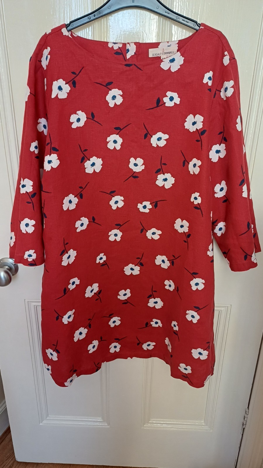 SALE Seasalt Sol Blaze red & white 100% Linen Tunic Dress Labelled UK 16 Floral