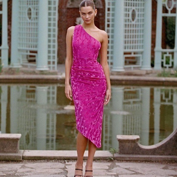Anthropologie HUTCH One Shoulder Ruched Velvet Midi Dress Pink Sz L retail $198