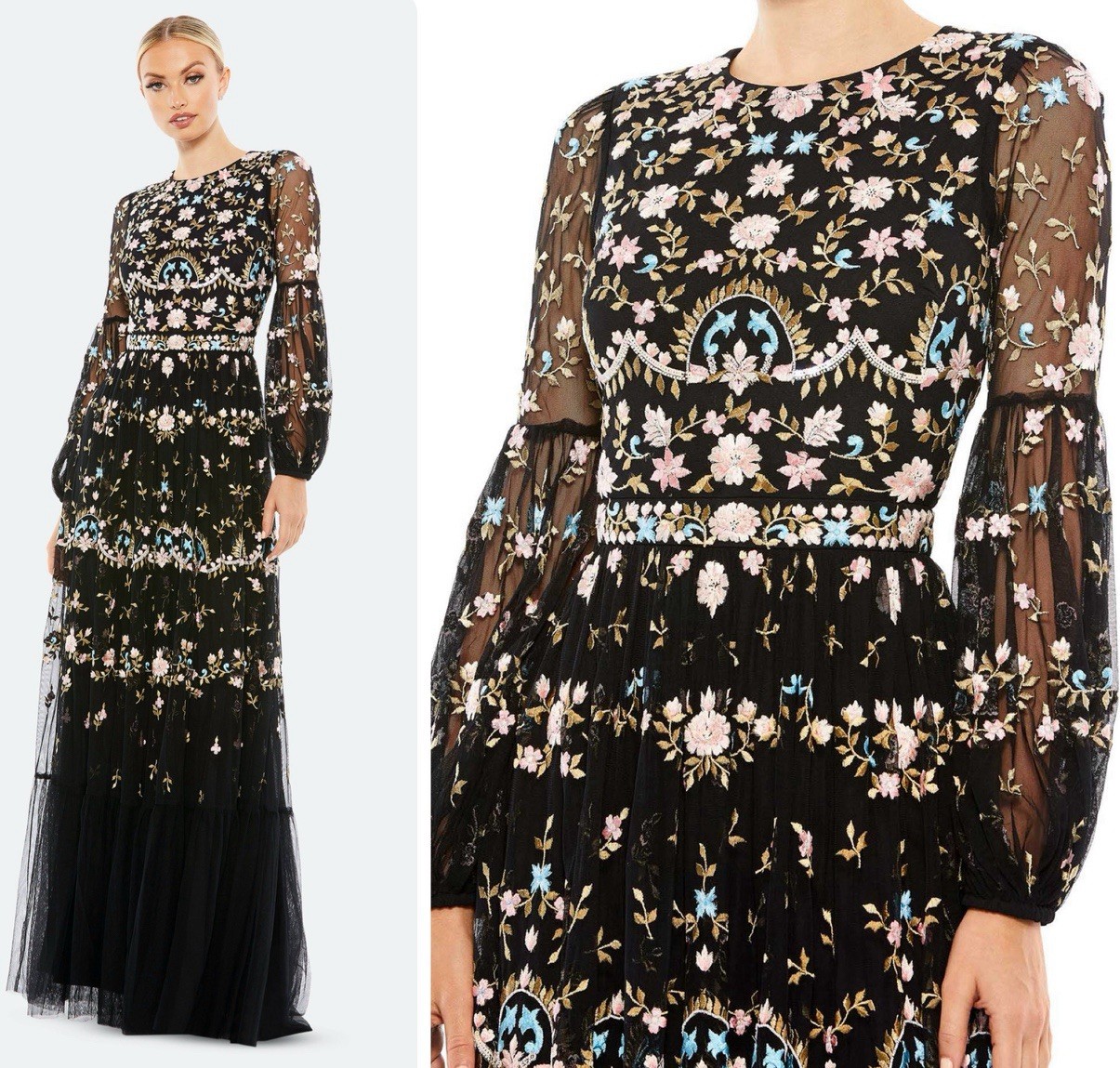 Mac Duggal 35111 Embroidered Floral Gown Black Long Bishop Sleeve Size 8 NWT