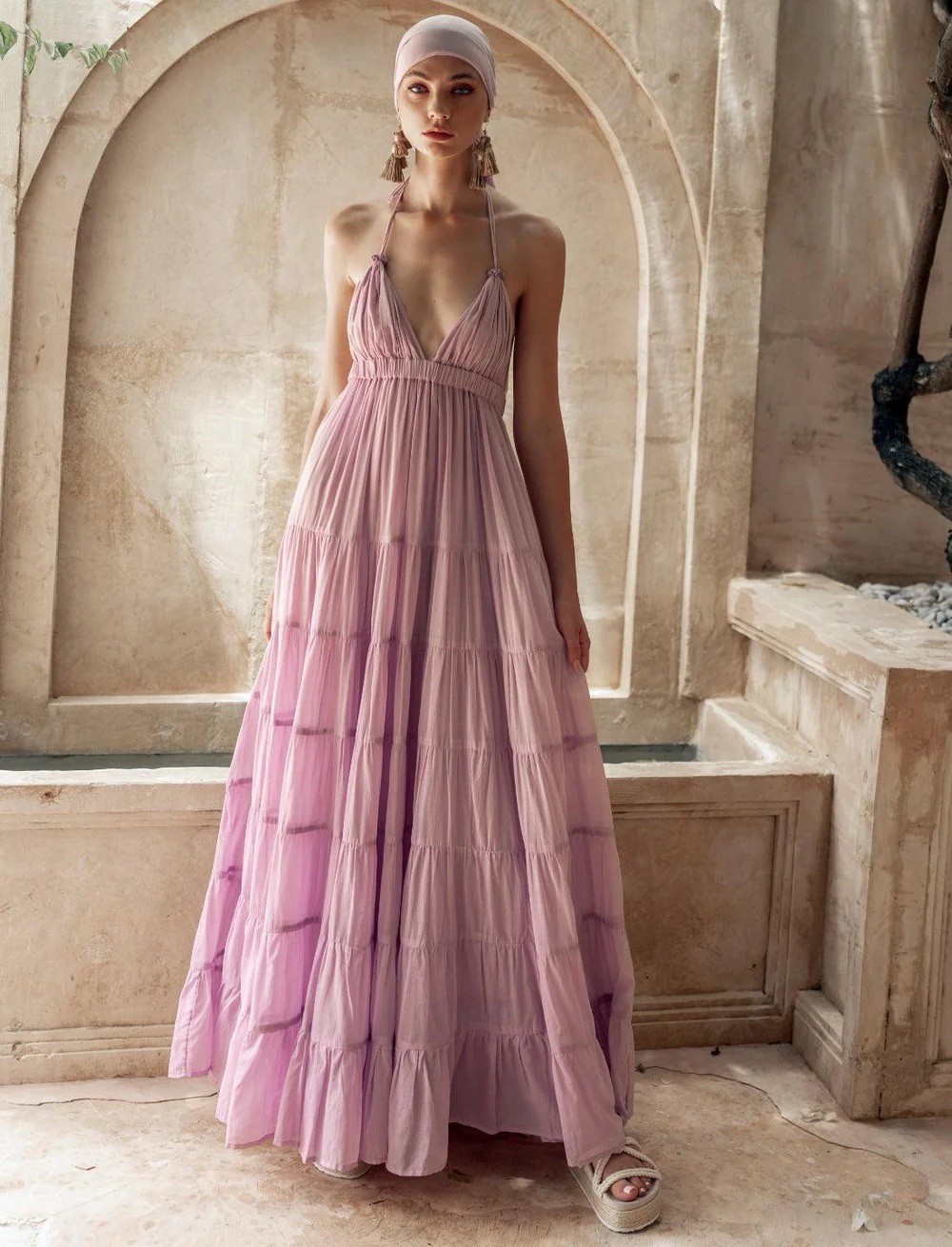 NWT Erika Pena Lola Bohemian Halter Maxi Dress with Belt Lilac O/S $513