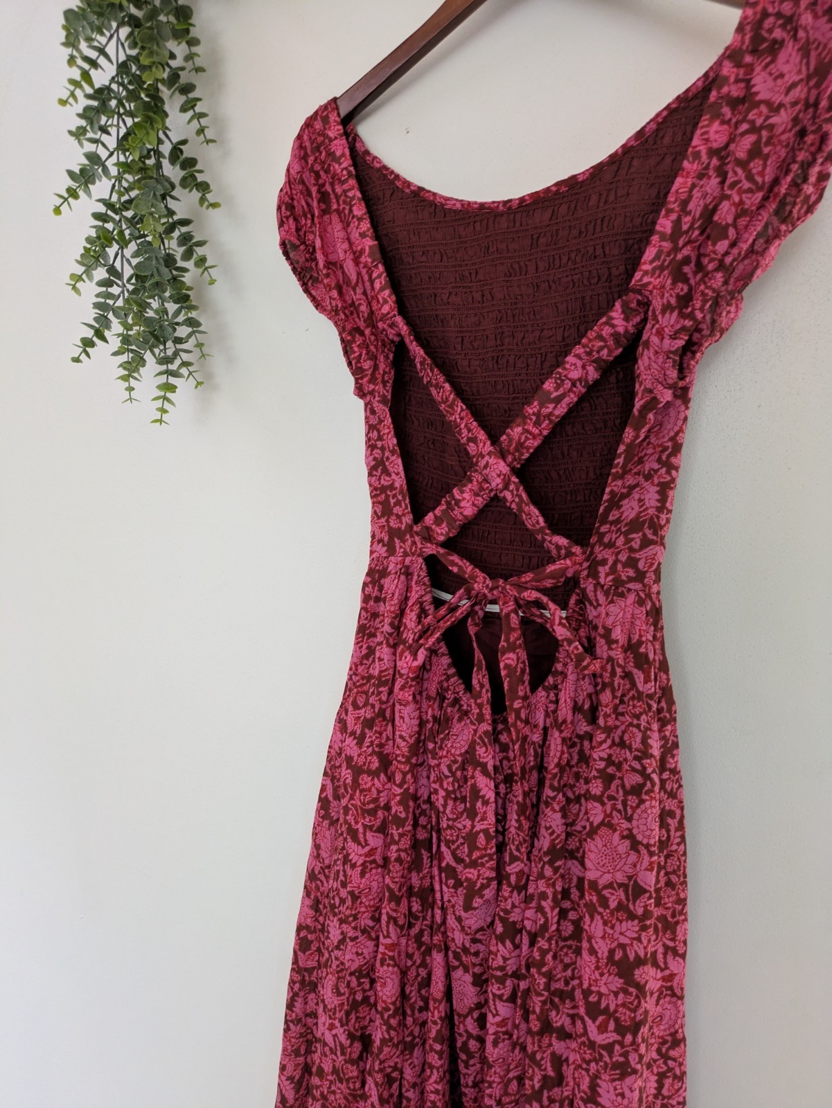 Free People Ultraviolet Smocked Lace-Up Maxi Dress Raspberry Burgundy Floral
