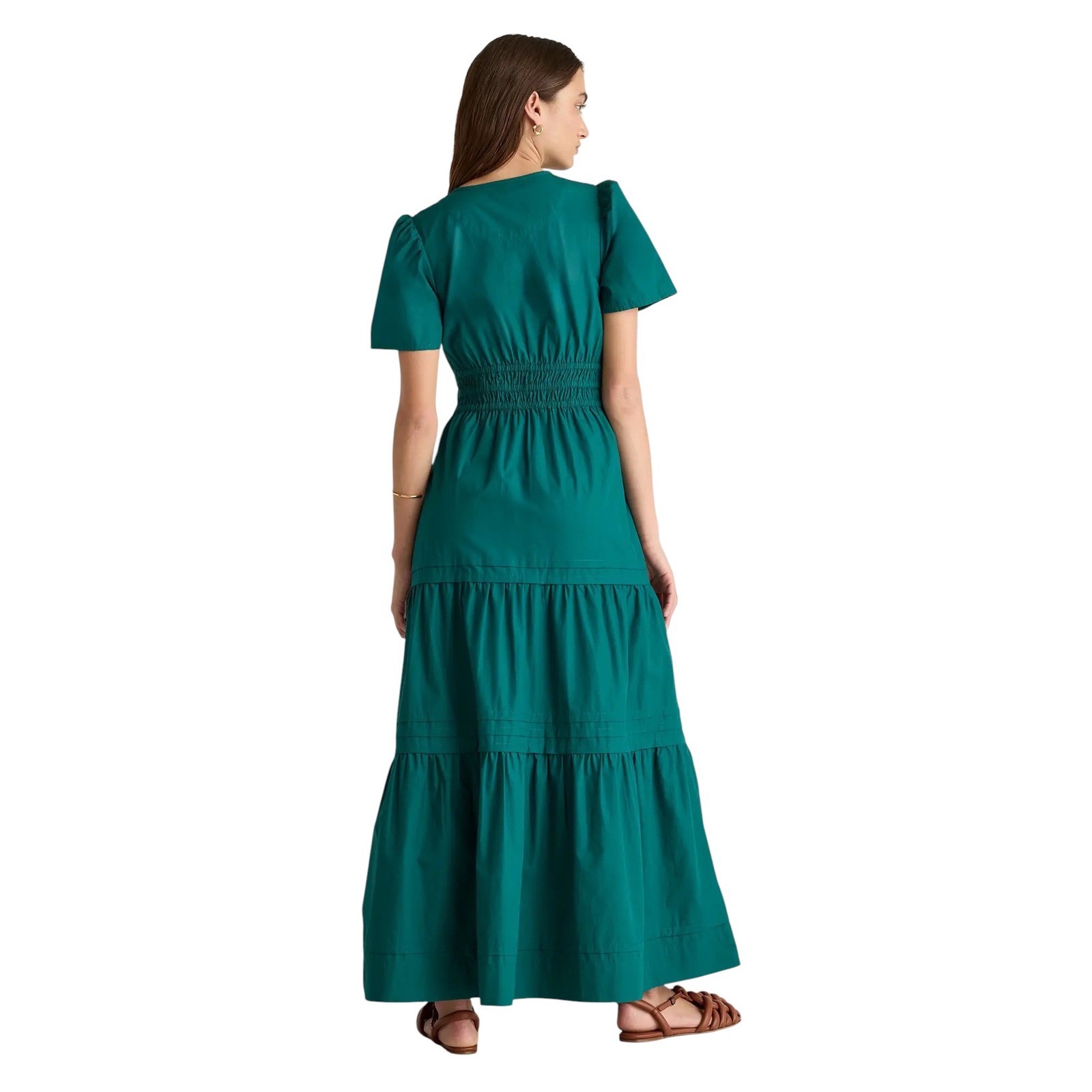 Quince Organic Cotton Poplin Smocked Maxi Dress Green Puff Sleeve Tiered Small