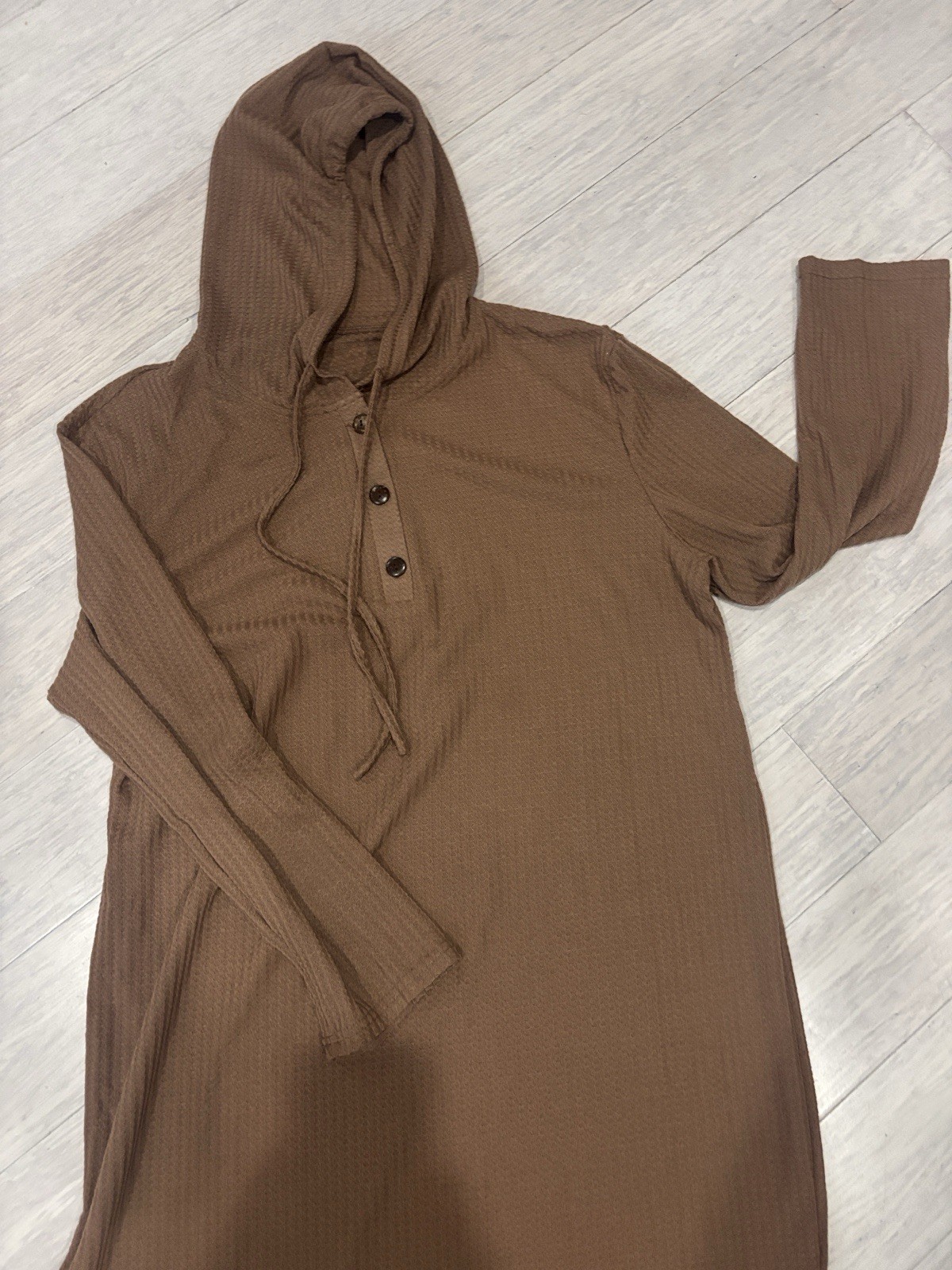 Women’s Brown Solid Ribbed Knit Hooded Midi Dress Long Sleeve Button Accents 5xl