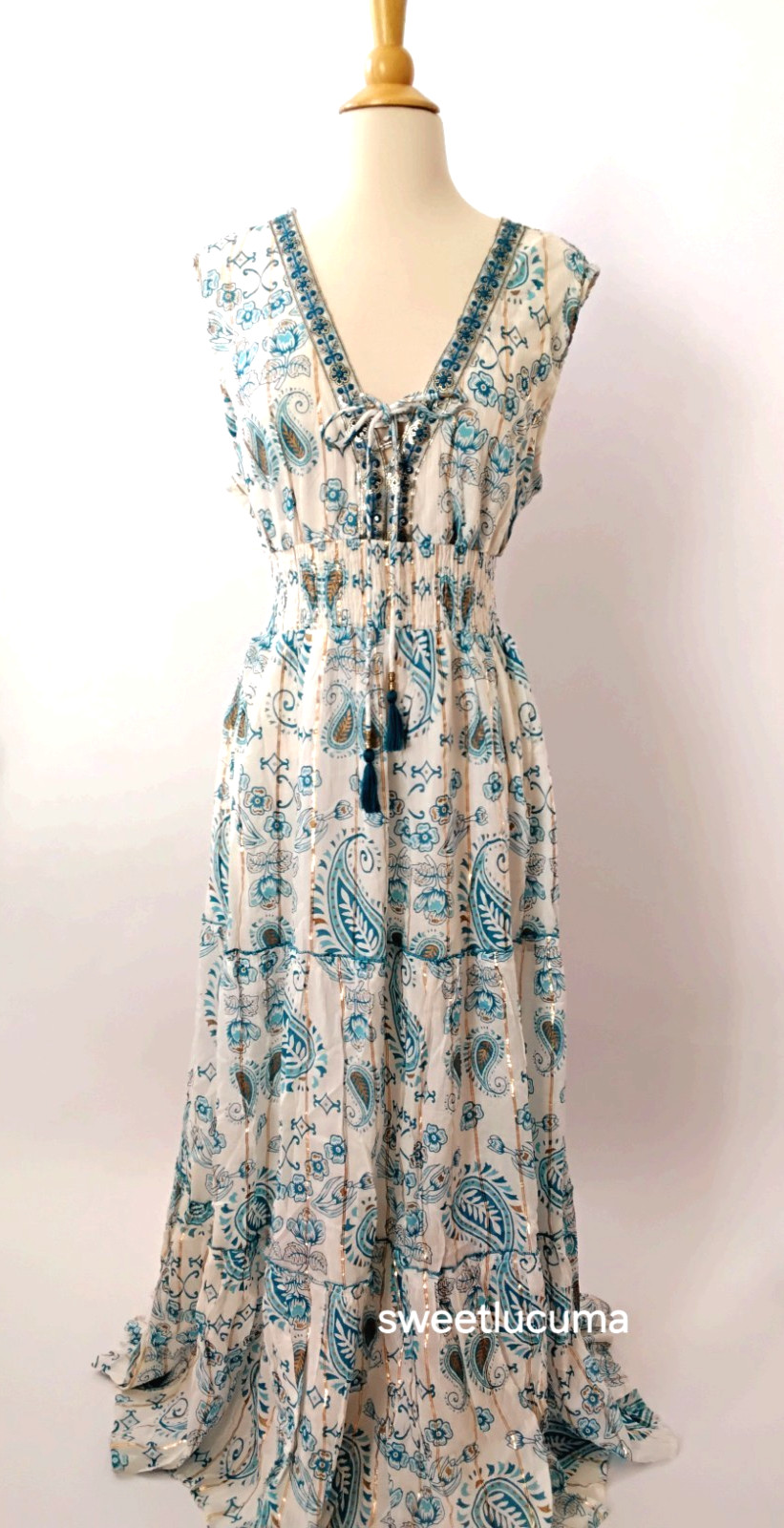 NWT Me 2 Magic Anthropologie Maxi Dress 1X Ivory Blue Lurex Smocķed Embroidered