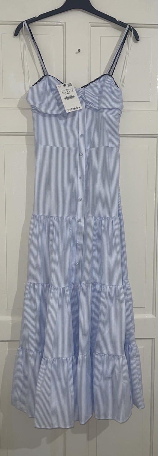 ZARA BLUE WHITE STRIPED THIN STRAPS GATHERED COTTON BLEND MIDI DRESS SIZE S BNWT