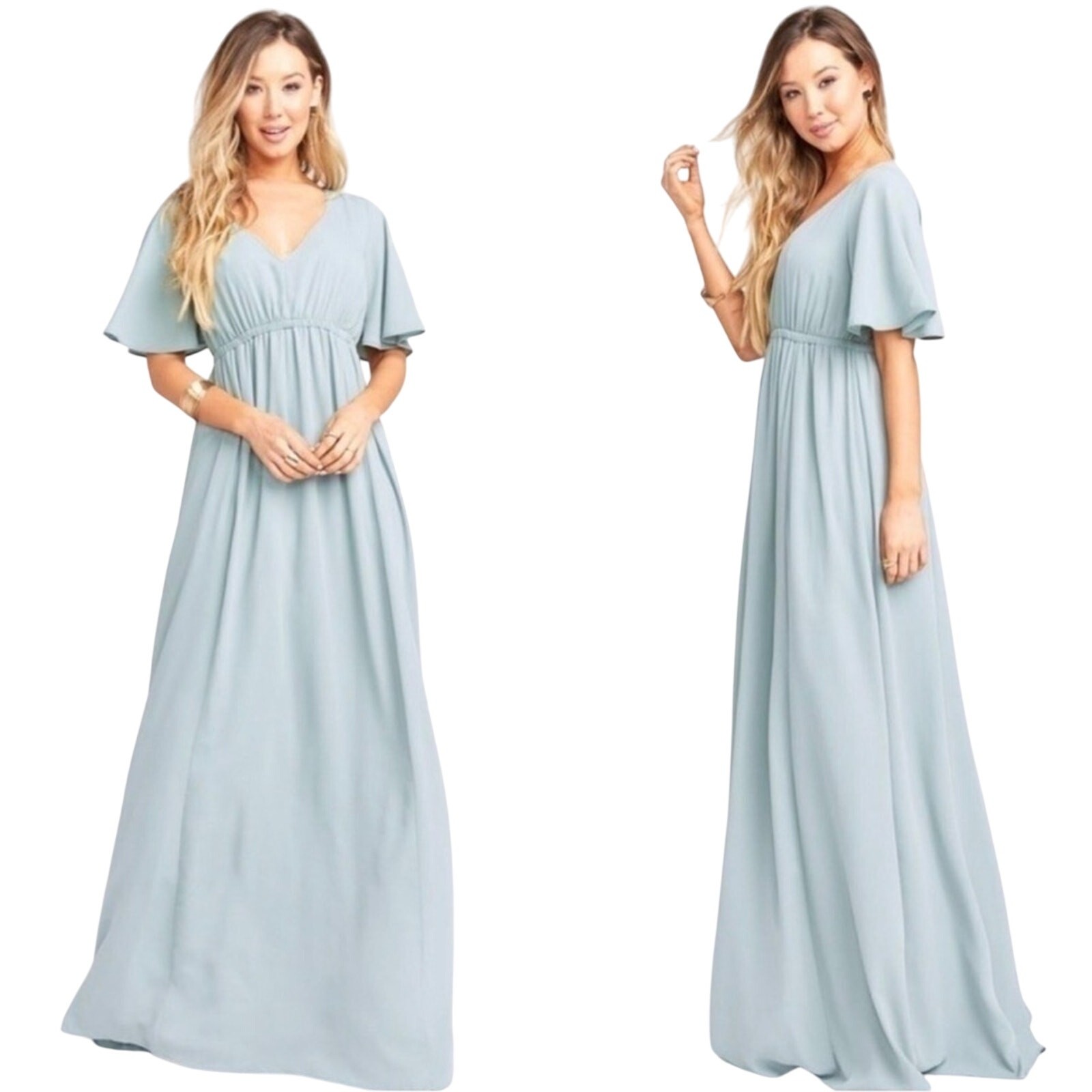 Show Me Your Mumu Silver Sage Maxi Dress L NWT Flutter Sleeve Bridesmaid Gown