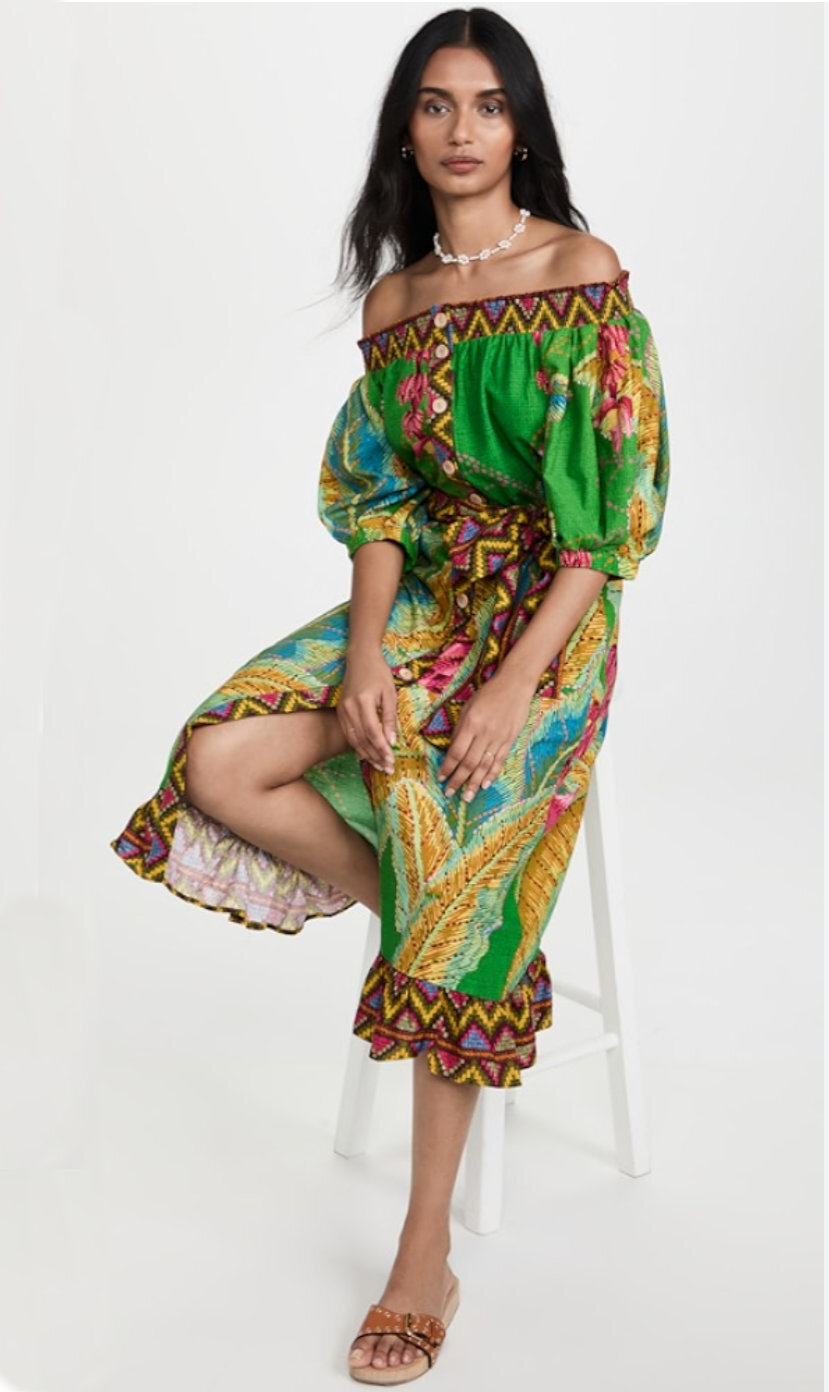 FARM RIO Sz XS Banana Leaves Off the Shoulder Belted Midi Dress NEW WITH TAGS