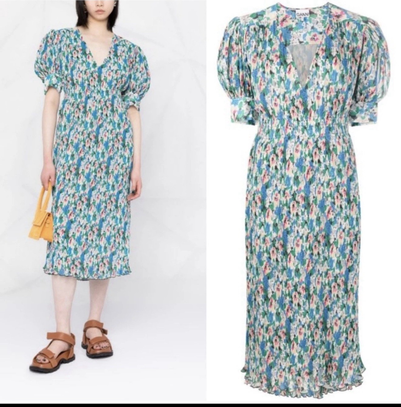 Ganni Midi Dress Georgette Pleated Floral Azul Blue Puff Sleeve Size 40/L Spring