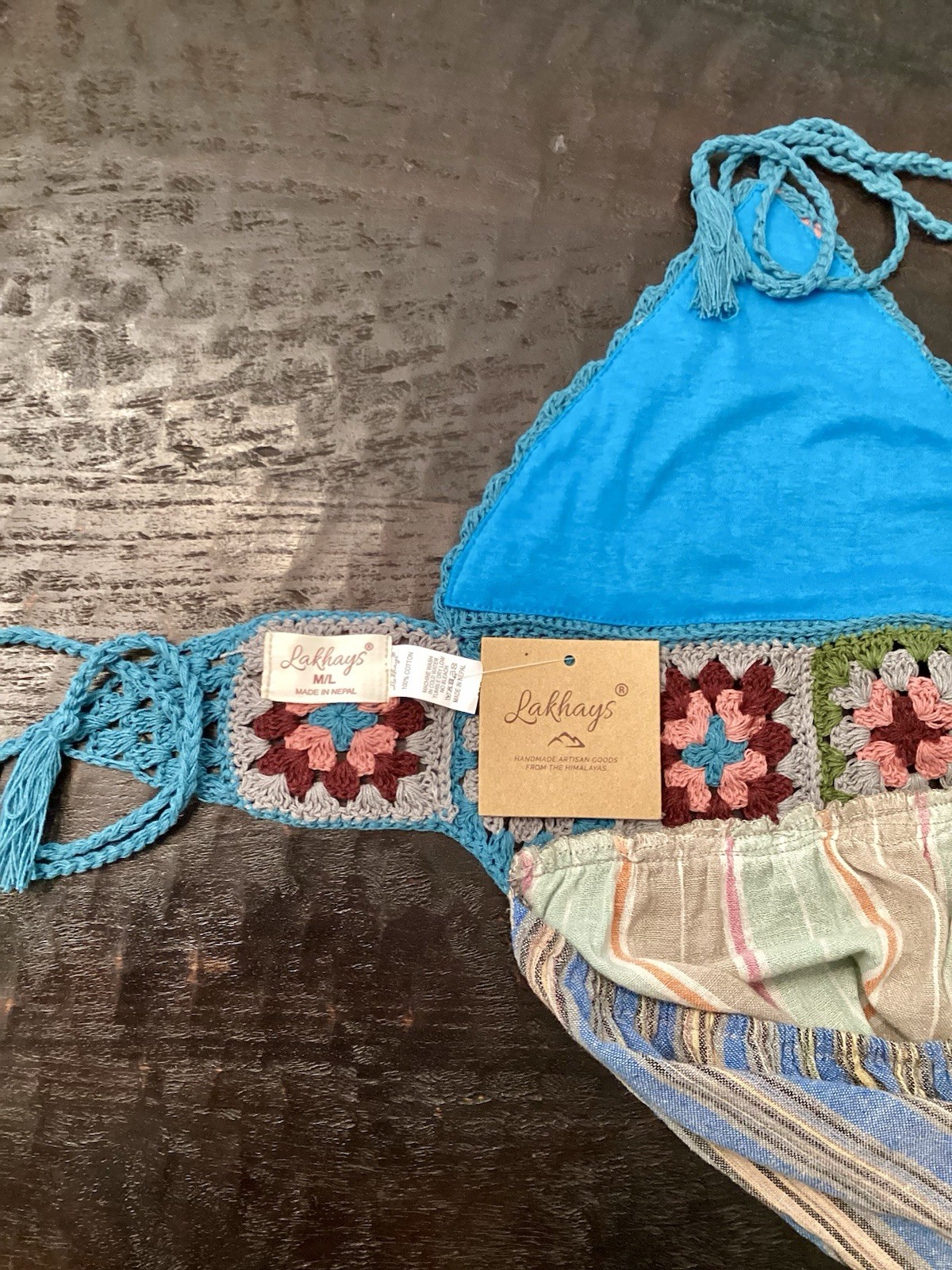 Artisan Boho Crochet Patchwork Maxi Dress Halter Flowy Summer M L NWT