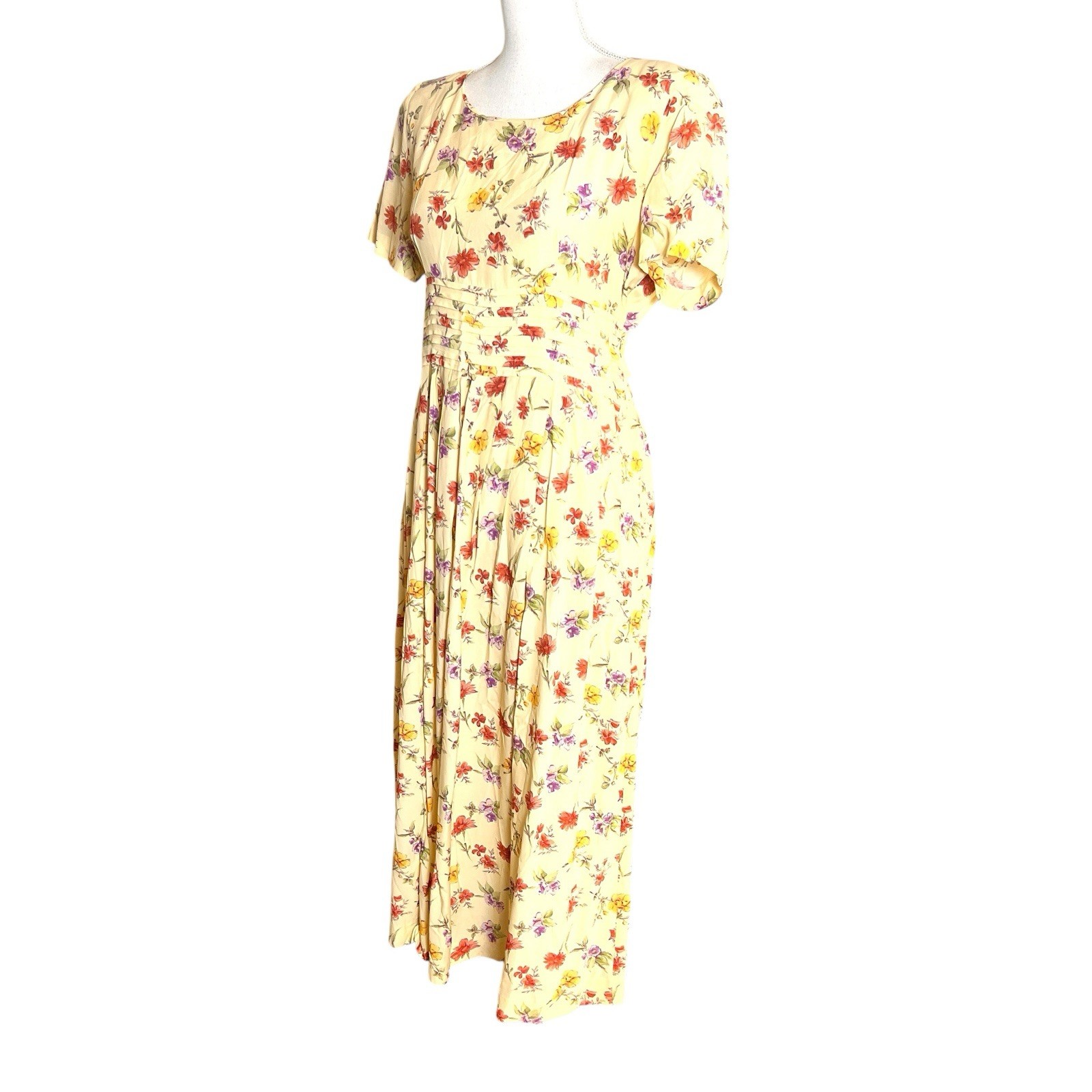 Vtg Karin Stevens 90s Yellow Floral Midi Dress Spring Fit Flare Cottagecore L