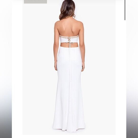 Xscape Amabella lace up long strapless scuba crepe white embelishment 16 wedding