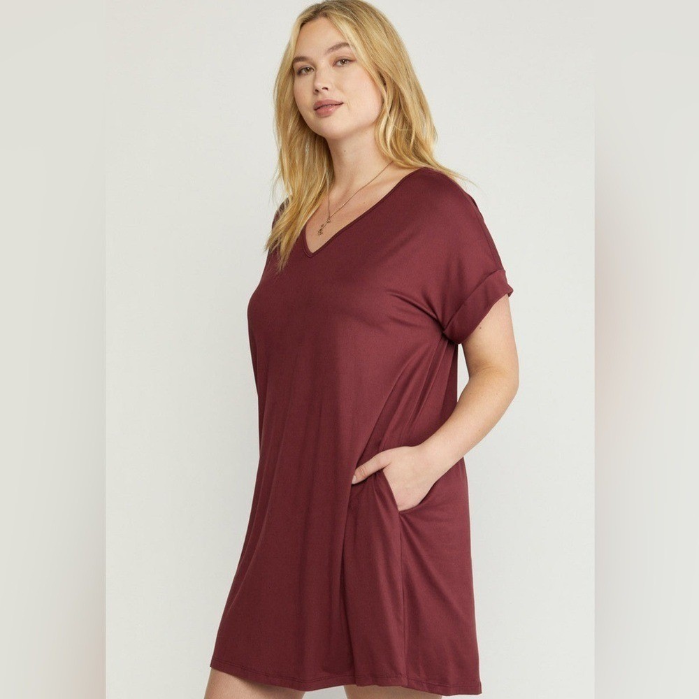 entro X Anthropologie Cuffed Sleeve V-Neck T-Shirt Dress with Pockets Size L