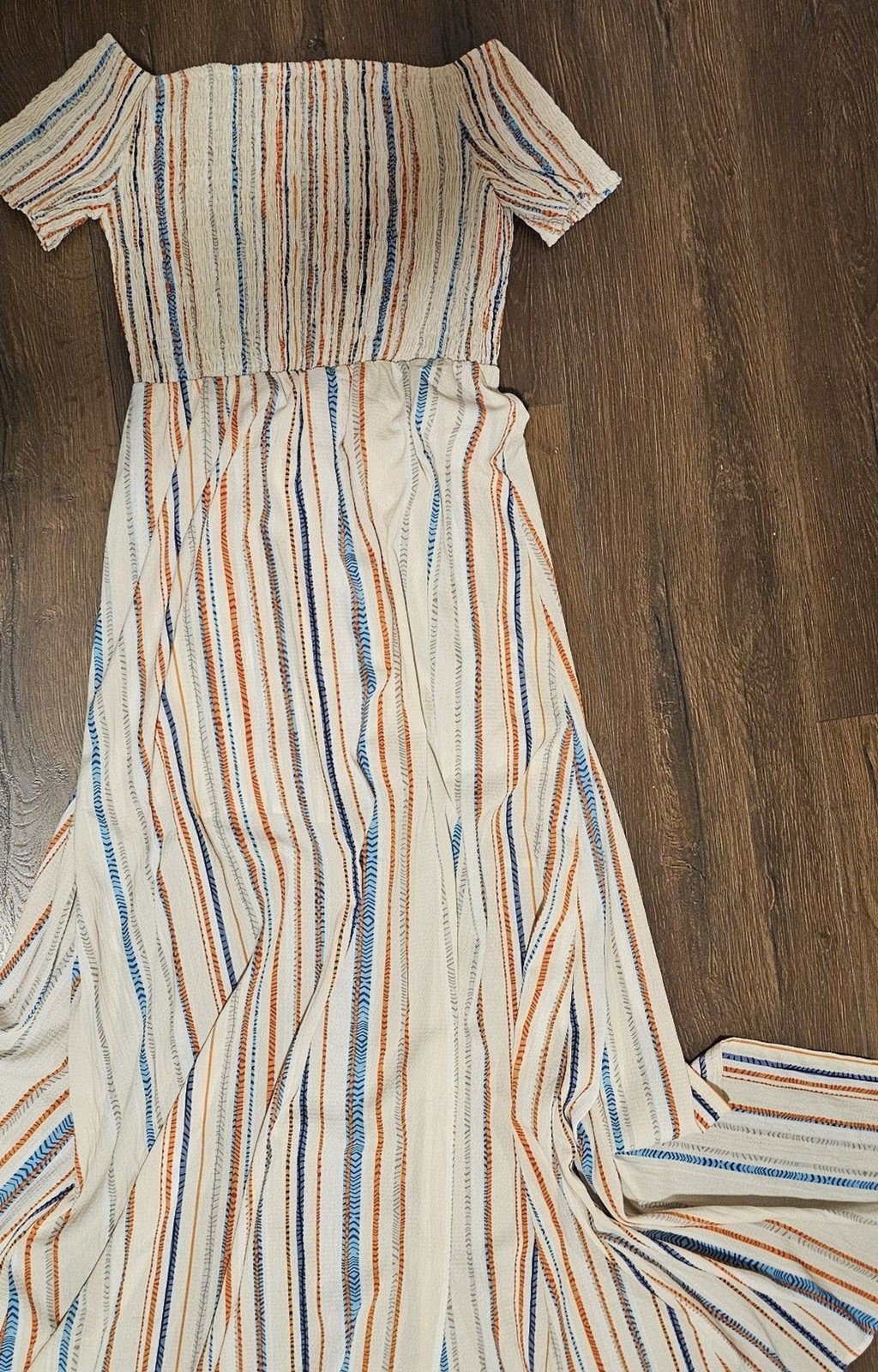 Davi & Dani Off Shoulder Striped Maxi Dress M Tie Ruffle White Orange Blue