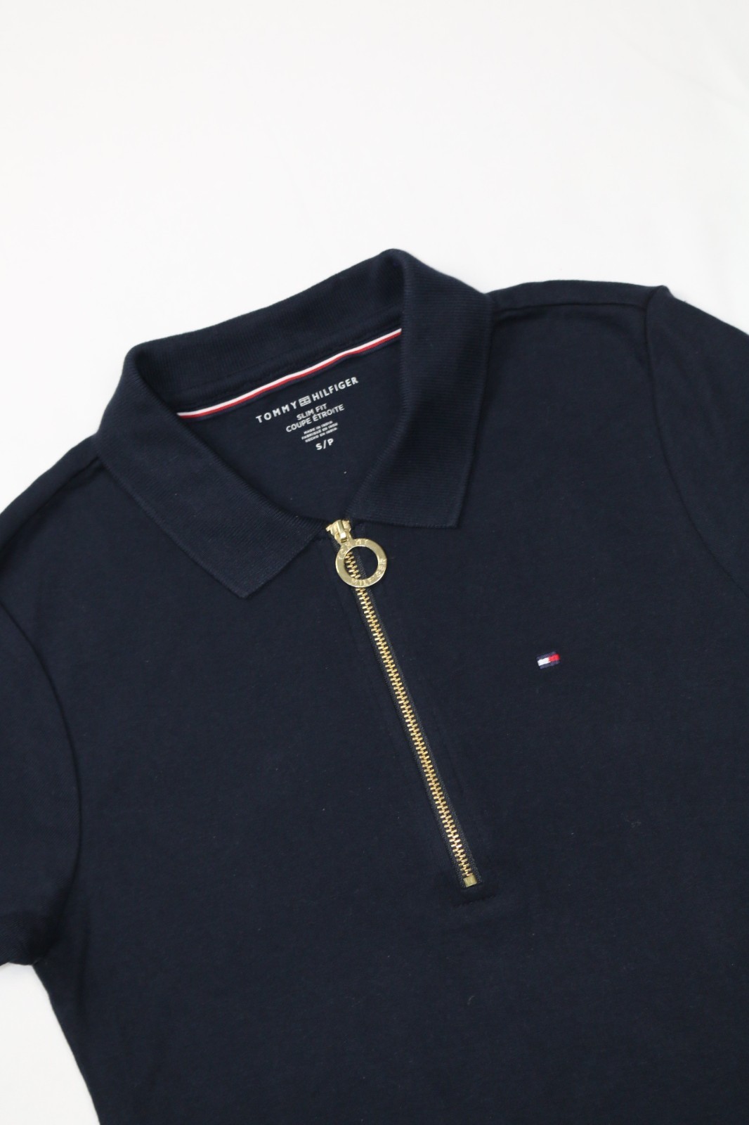 Tommy Hilfiger Navy Knit 1/4 Zip Polo Dress Short Sleeve Embroidered Flag Slim