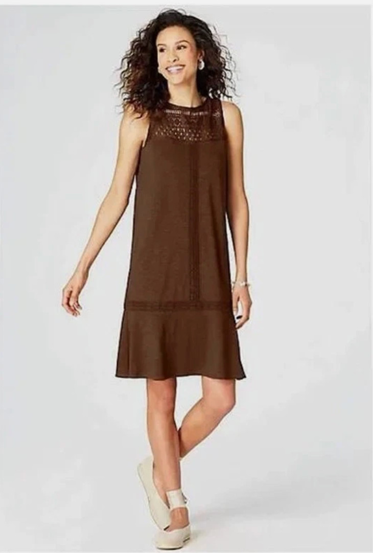 J. Jill Brown Boho Crochet Trimmed A-Line Tank Dress Cottagecore Kona Large Tall