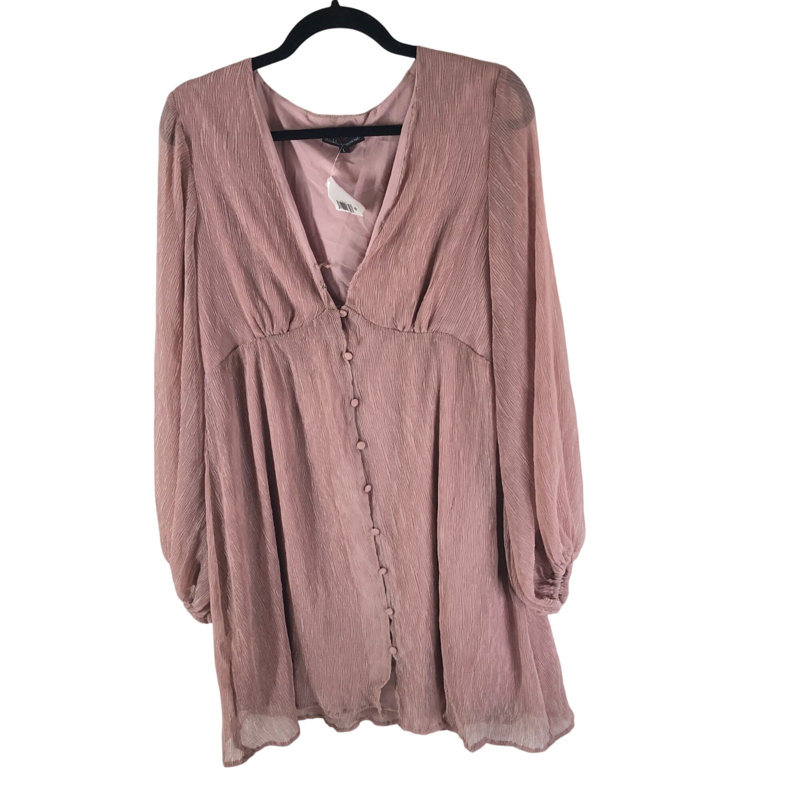 Wishlist Apparel Mini Dress Crinkled Long Sleeve Sheer Button Front Pink L
