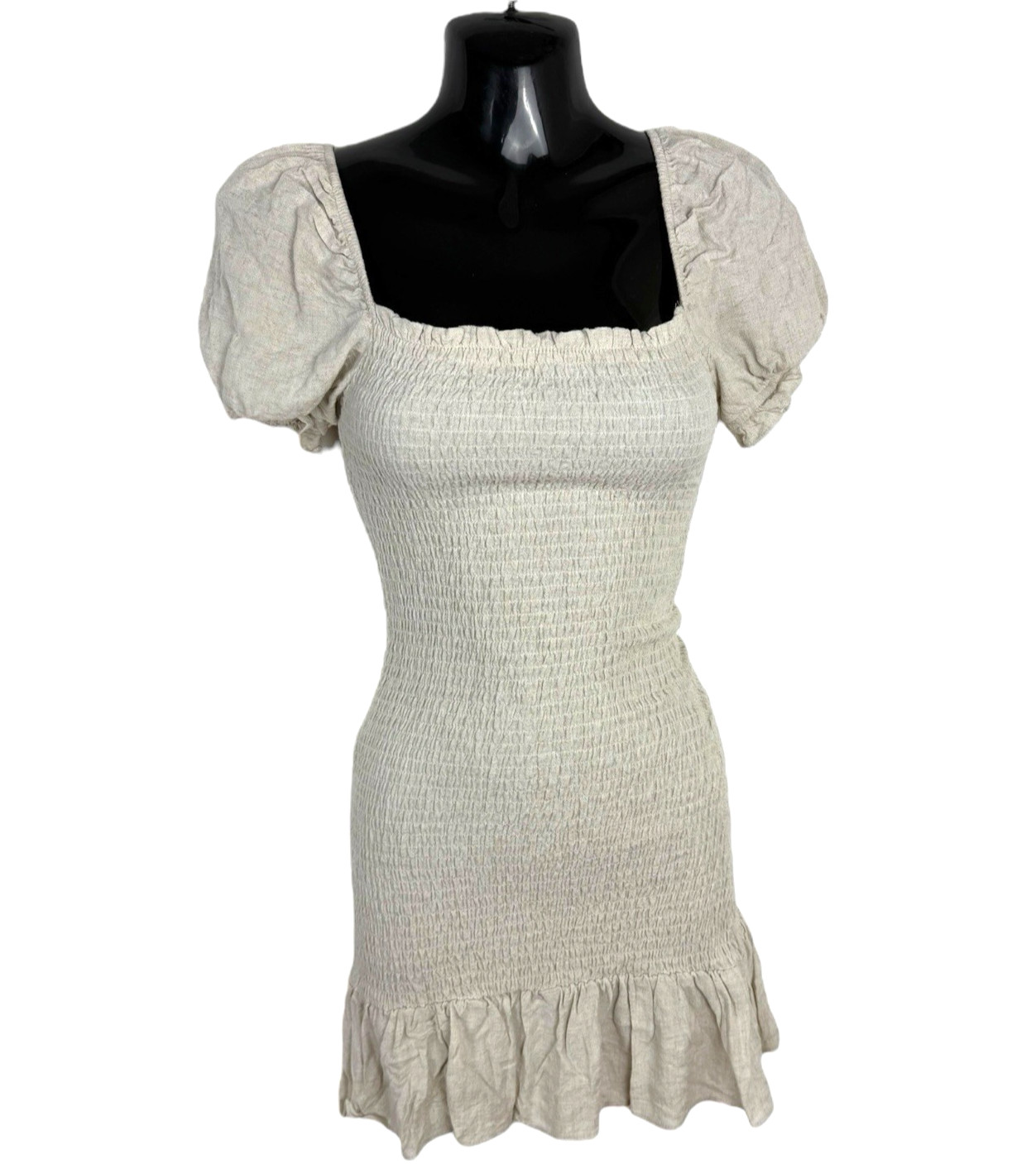 Stradivarius Shirred Mini Dress Women’s UK Size XS Beige Square Neck Puff Sleeve