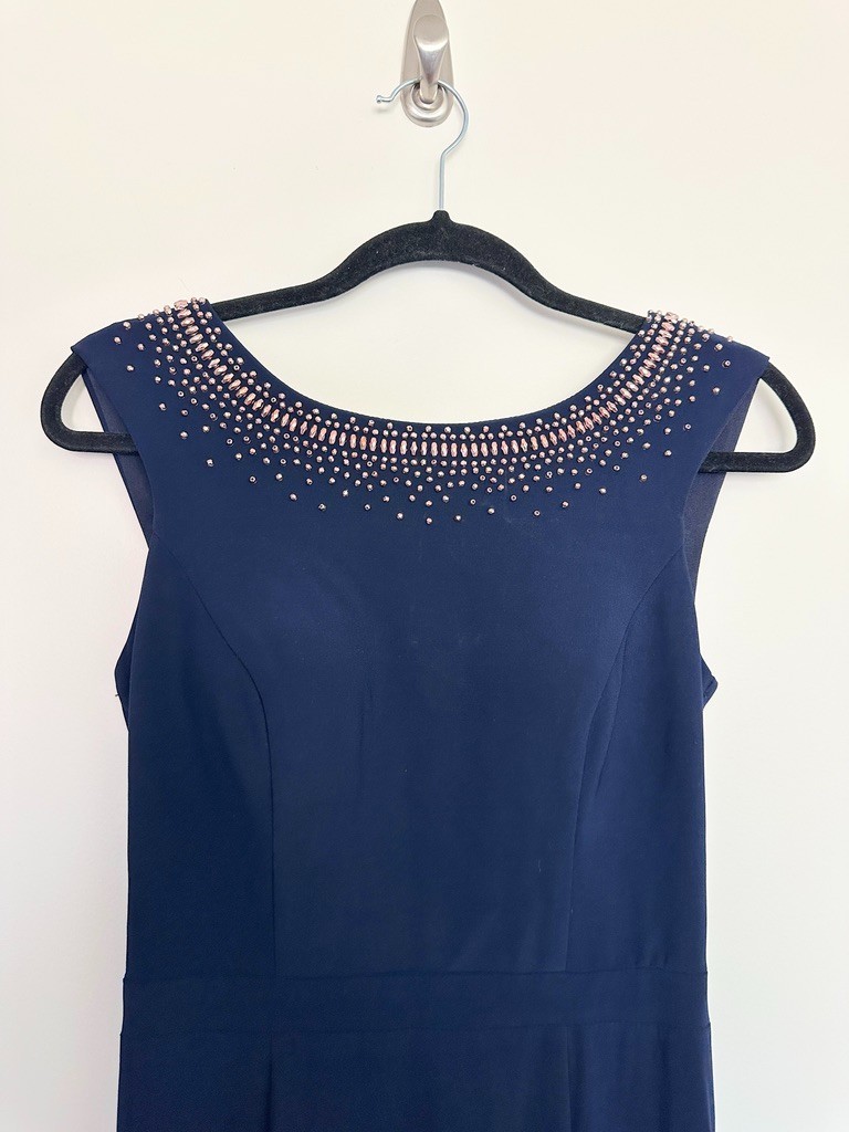 Xscape Beaded Ruffle Trumpet Hem Gown Navy Blue Mother of Bride Plunge Women’s 6